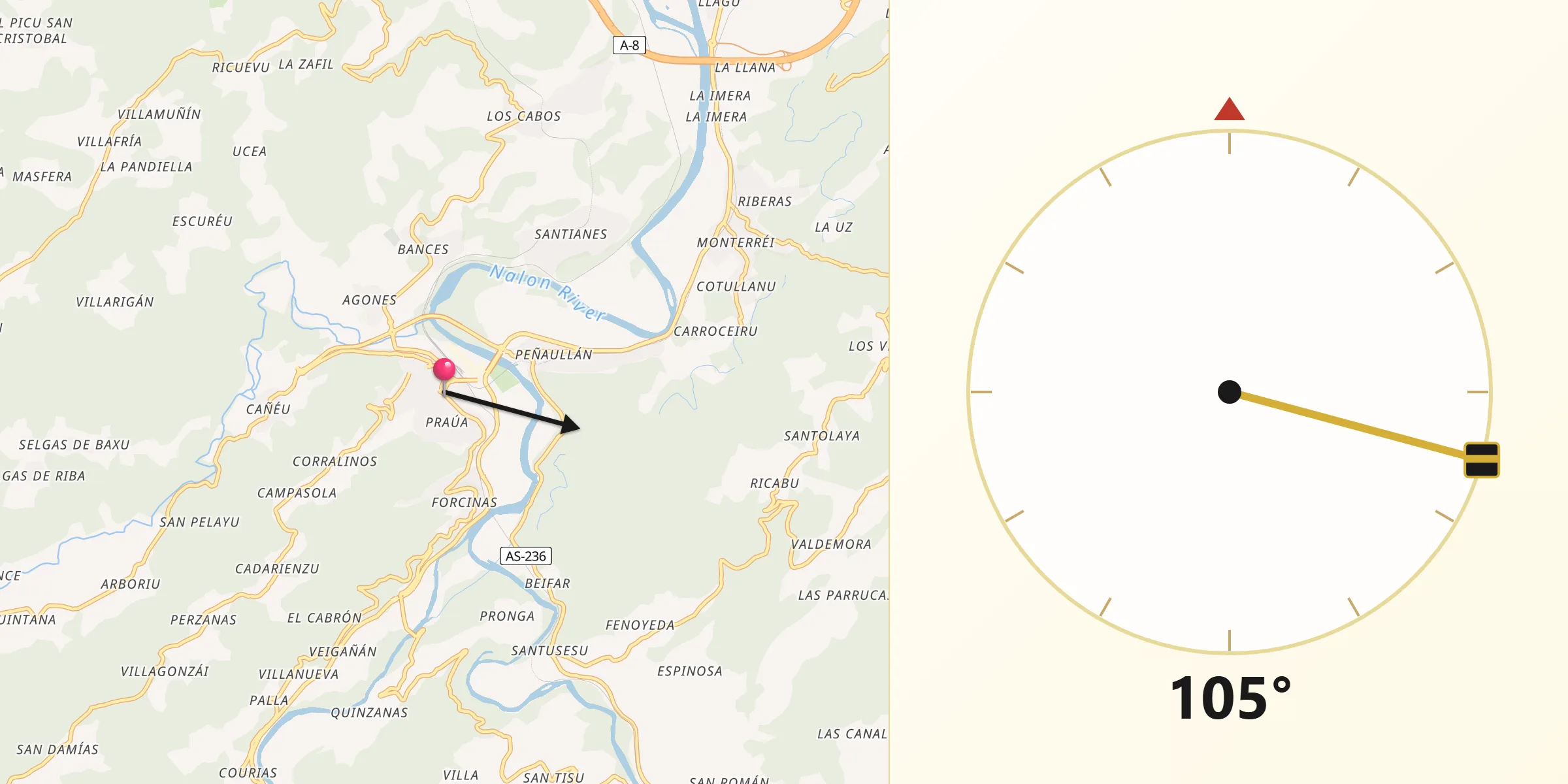 Dirección de la Qibla desde Pravia