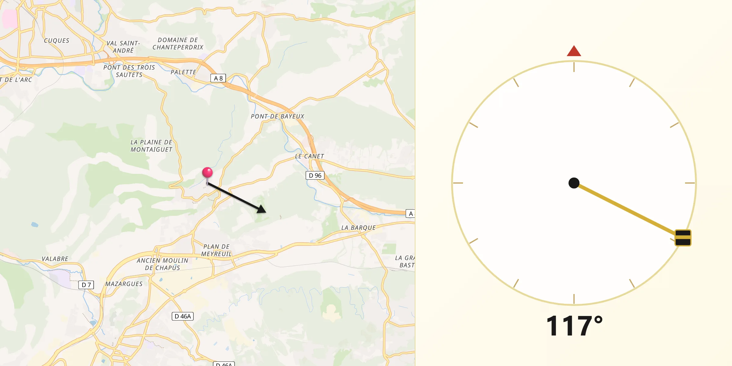 Direction vers la Qibla depuis Meyreuil