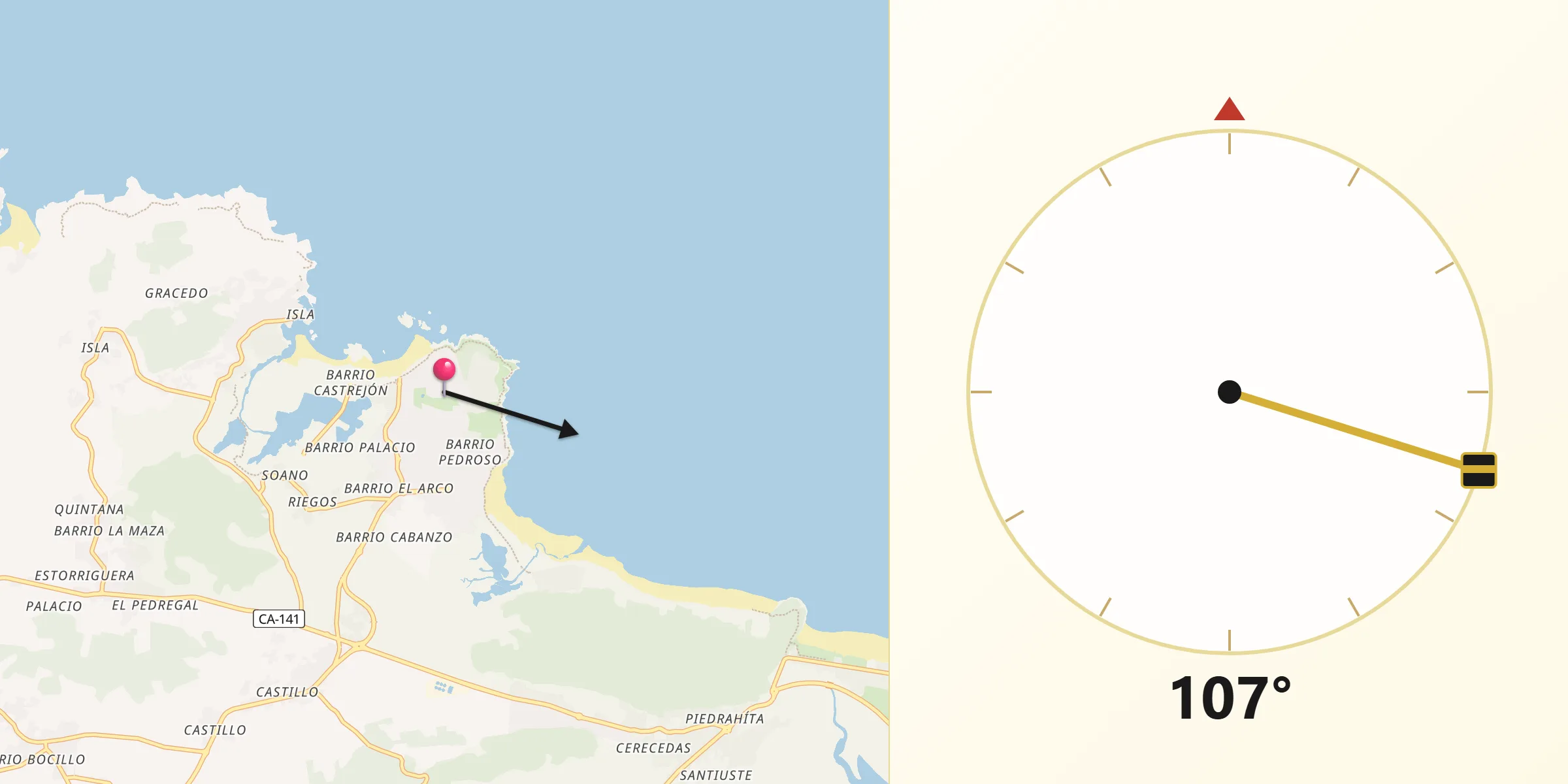 Dirección de la Qibla desde Noja