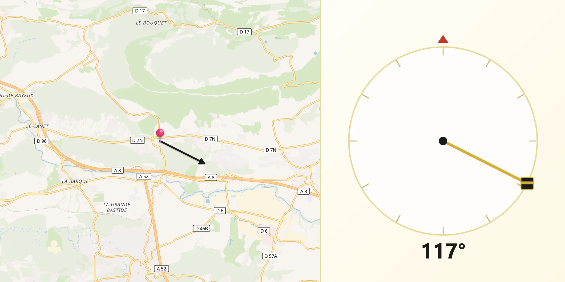 Direction vers la Qibla depuis Châteauneuf-le-Rouge