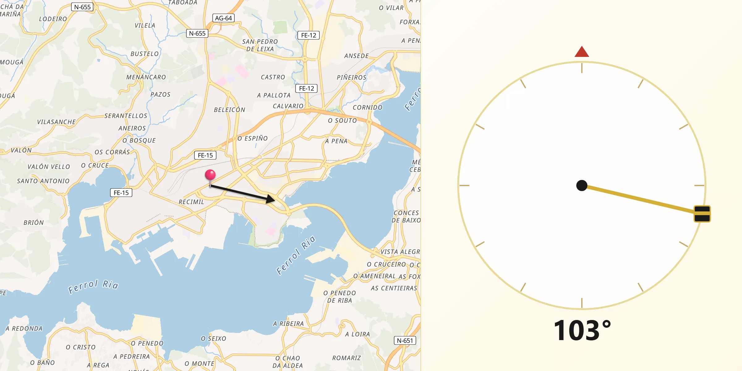 Dirección de la Qibla desde Ferrol