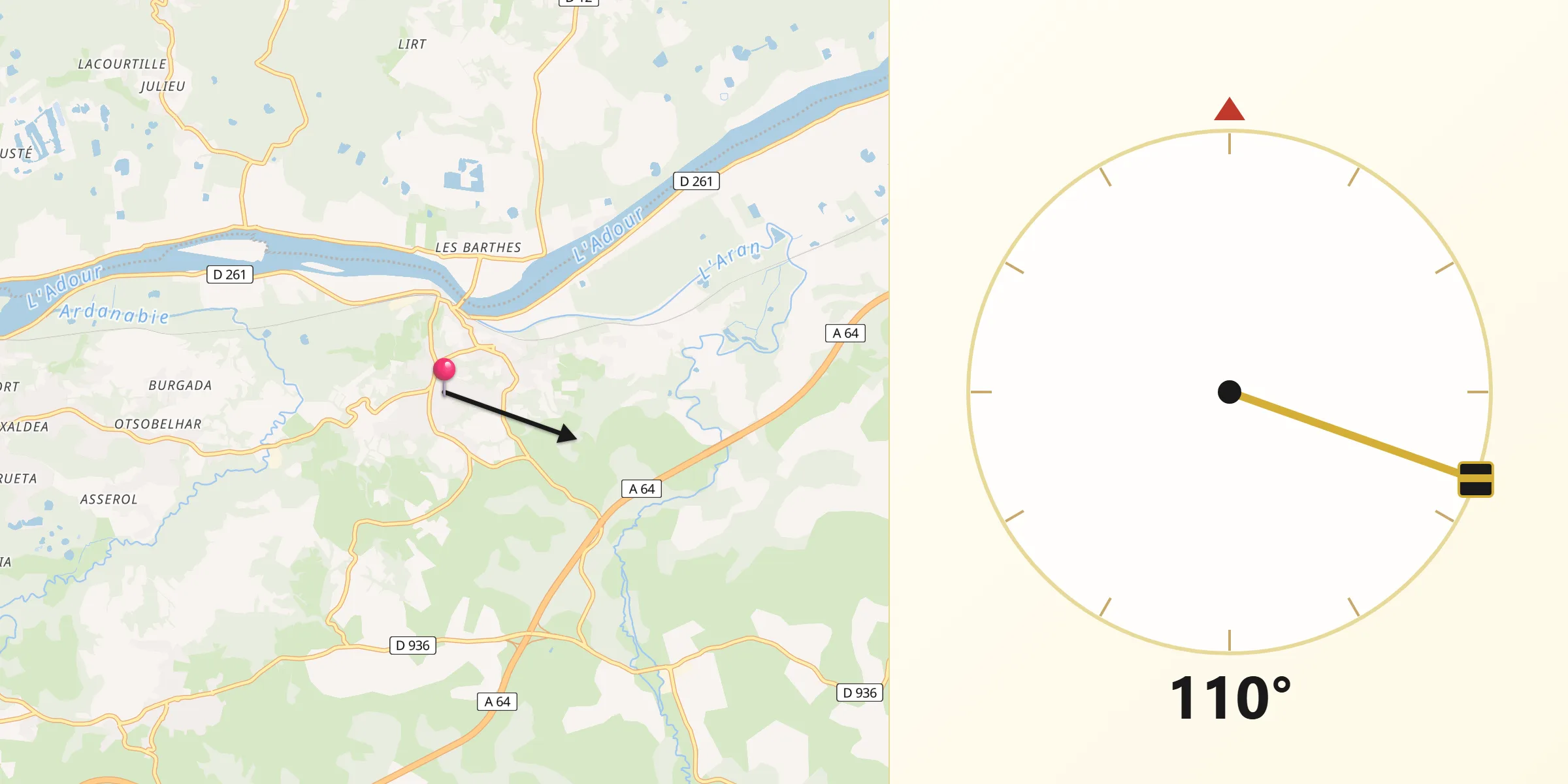 Direction vers la Qibla depuis Urt