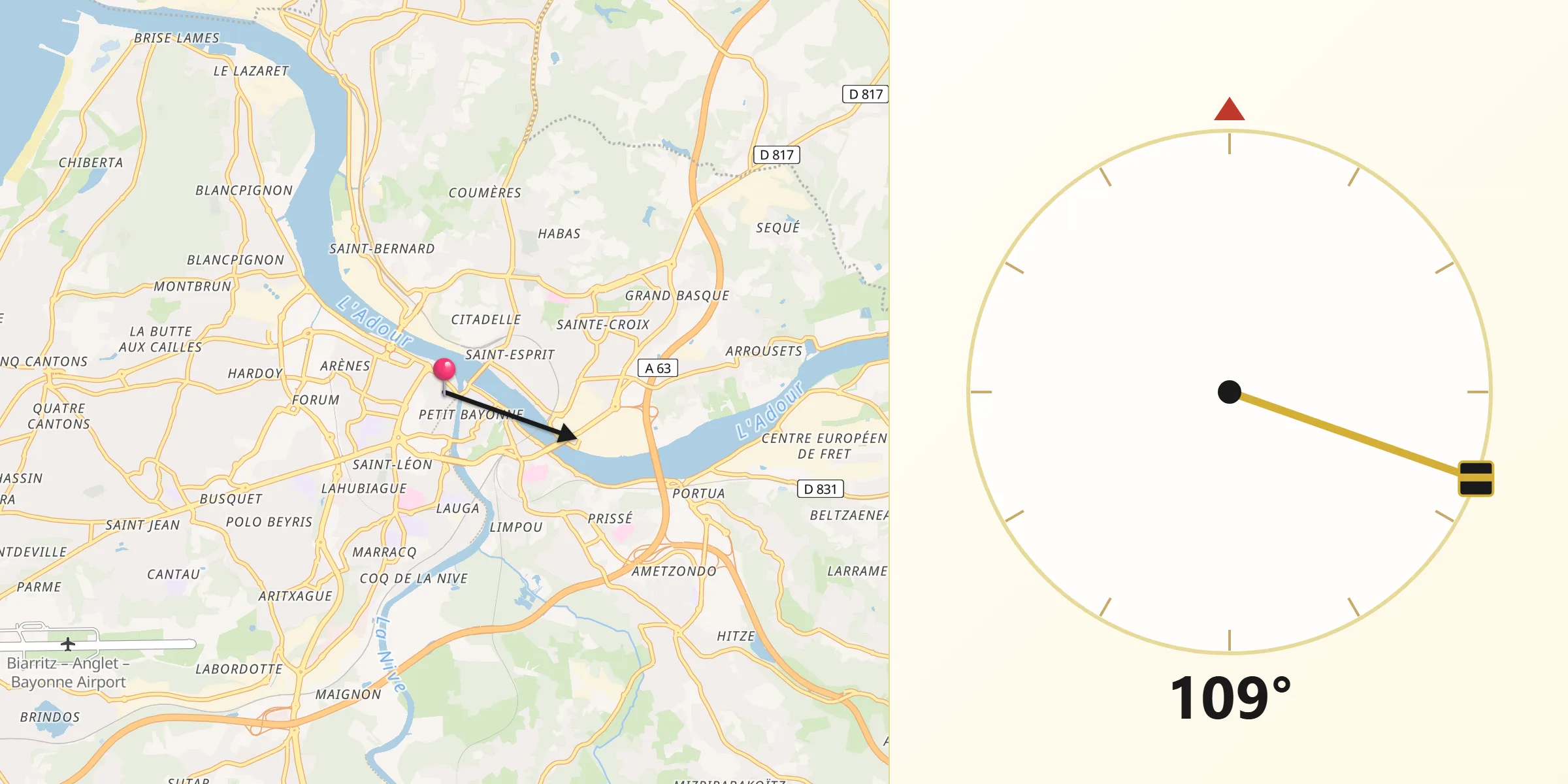 Direction vers la Qibla depuis Bayonne