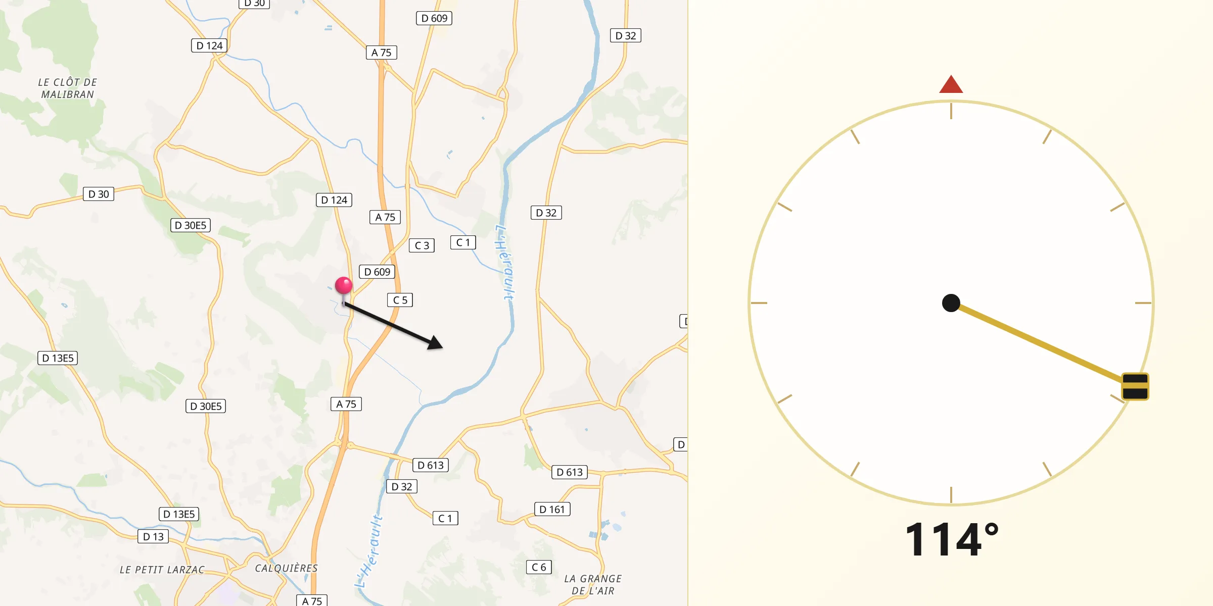 Direction vers la Qibla depuis Lézignan-la-Cèbe