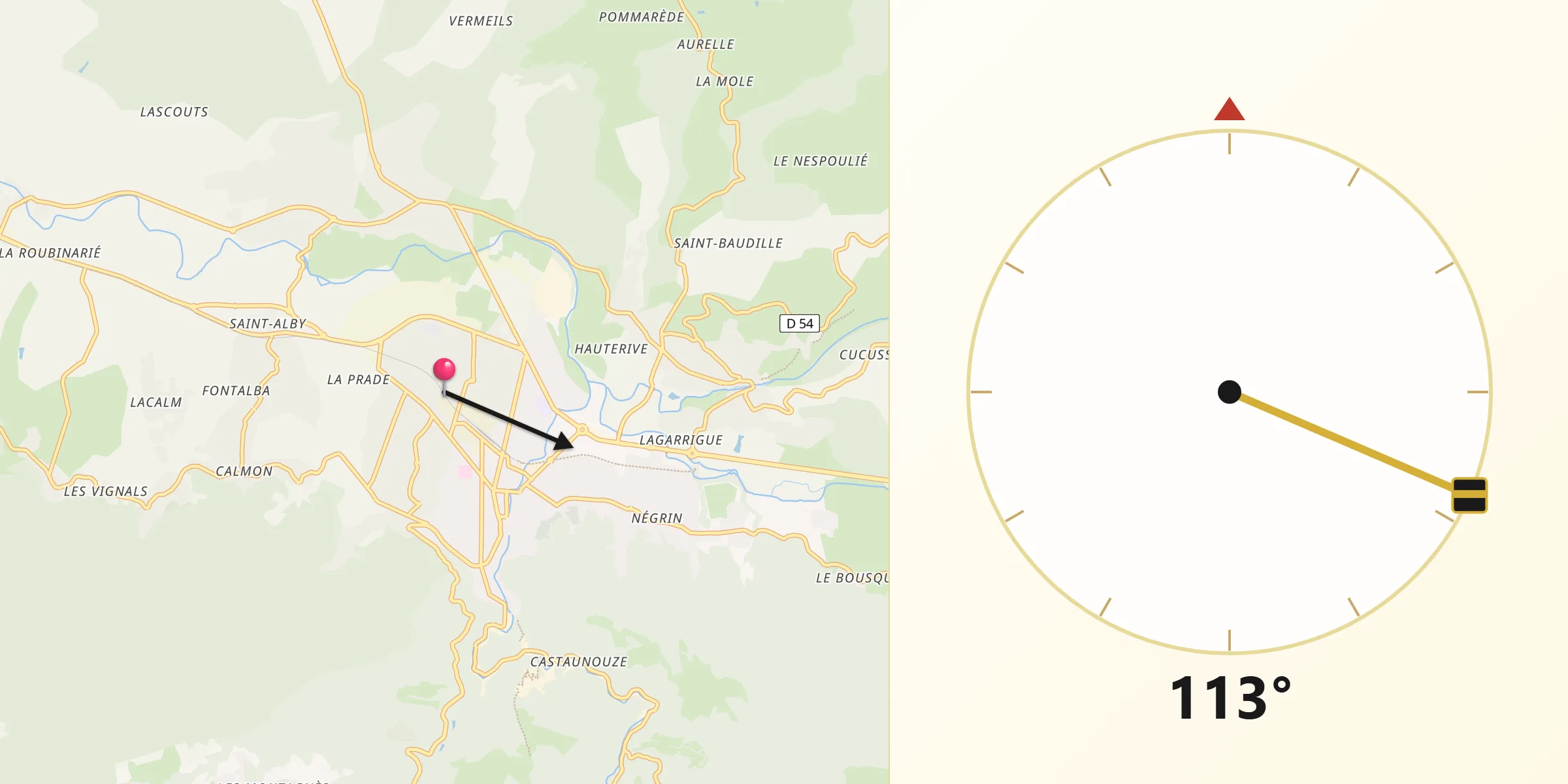 Direction vers la Qibla depuis Aussillon