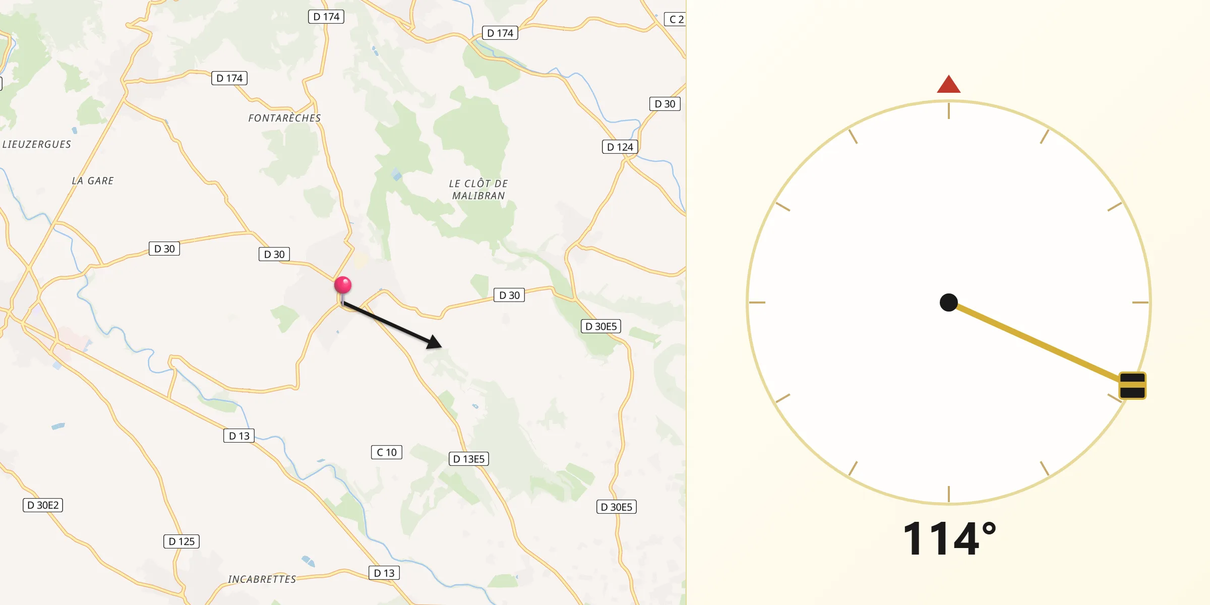 Direction vers la Qibla depuis Caux
