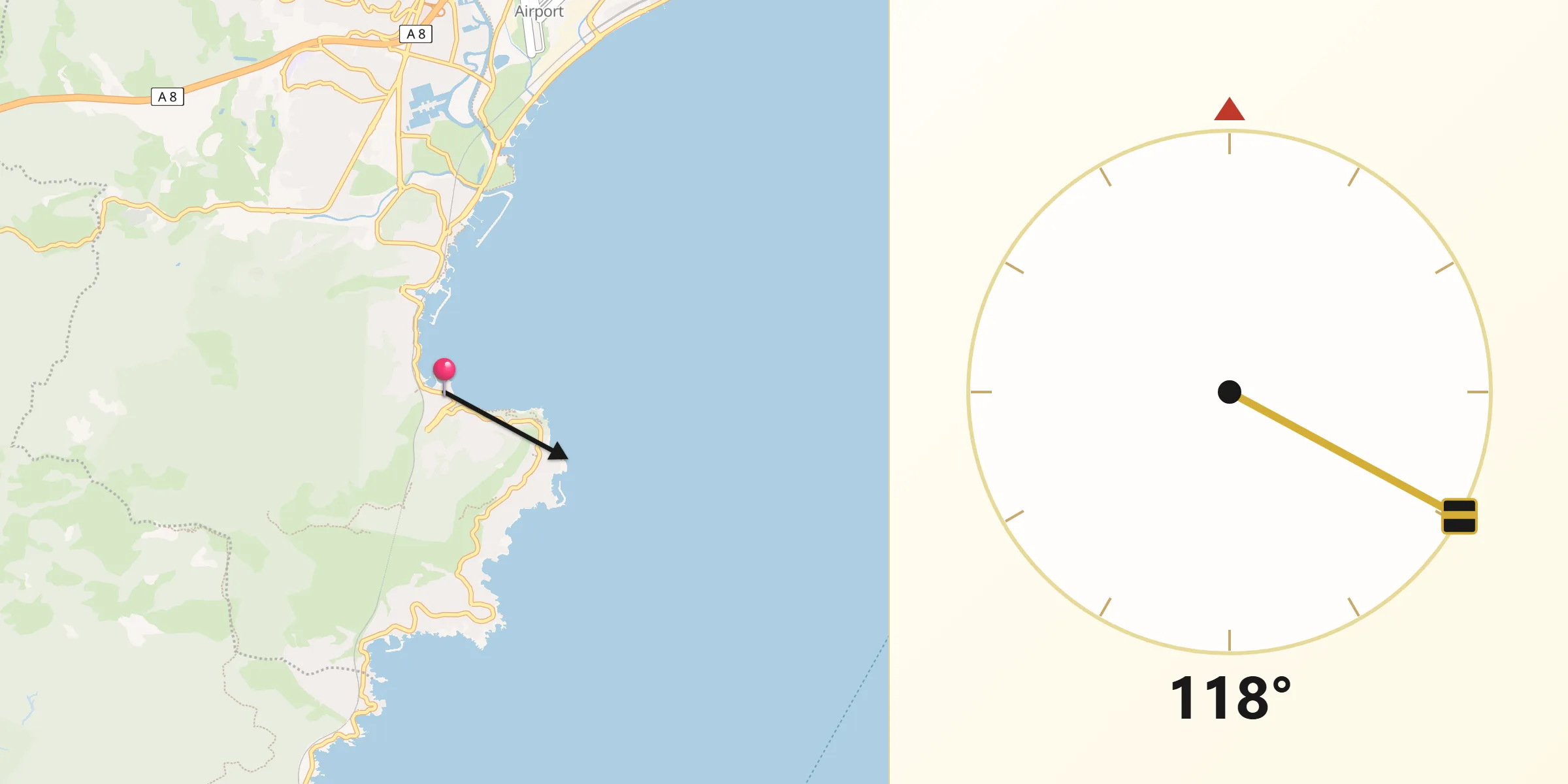 Direction vers la Qibla depuis Théoule-sur-Mer