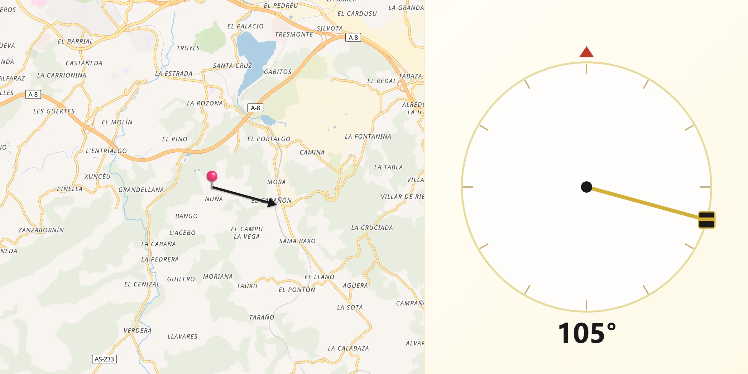 Dirección de la Qibla desde Corvera de Asturias