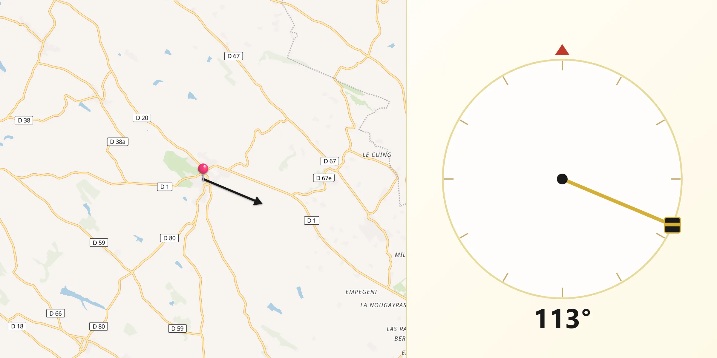 Direction vers la Qibla depuis Auriac-sur-Vendinelle