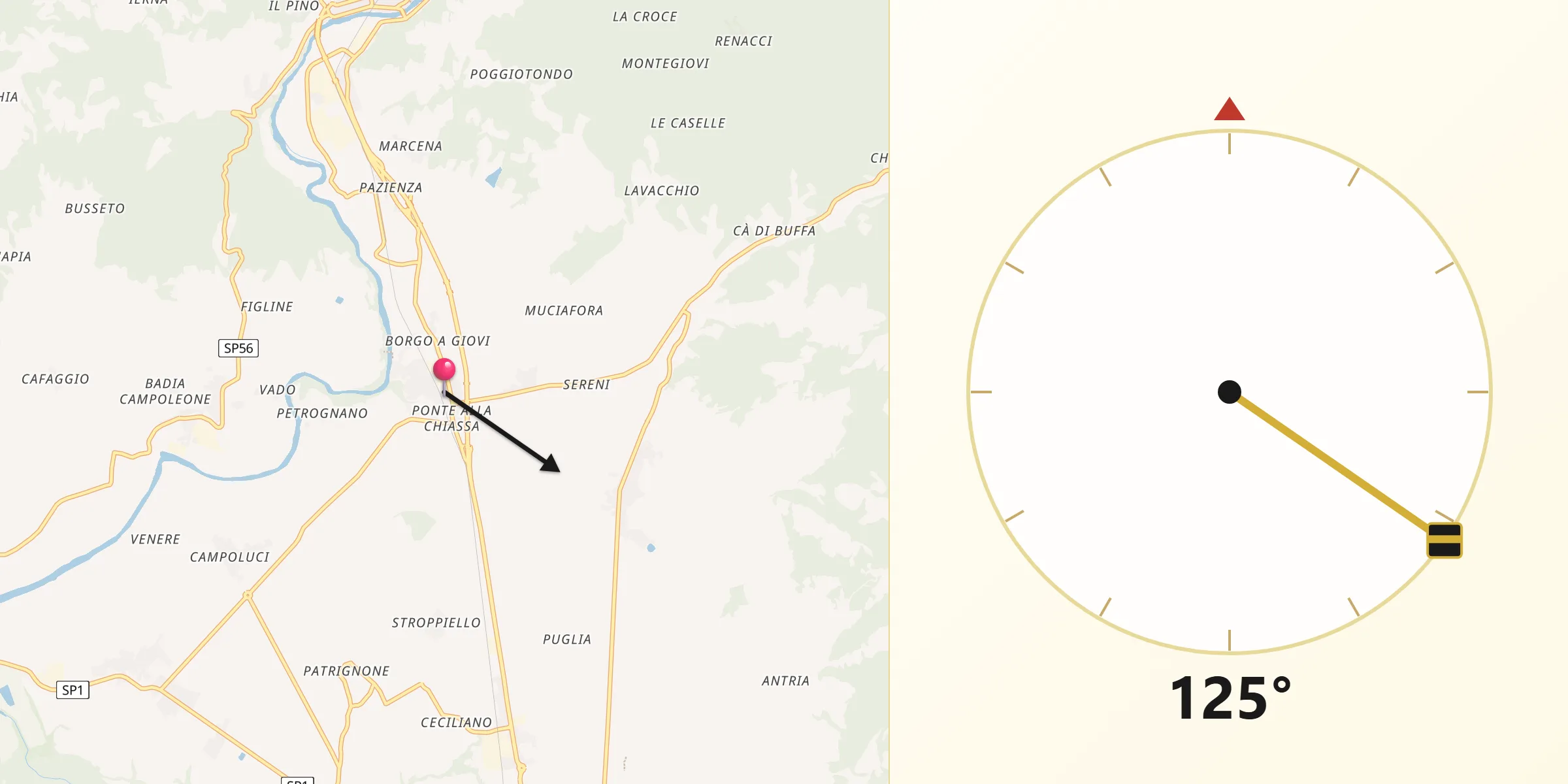 Direzione della Qibla da Giovi-Ponte alla Chiassa