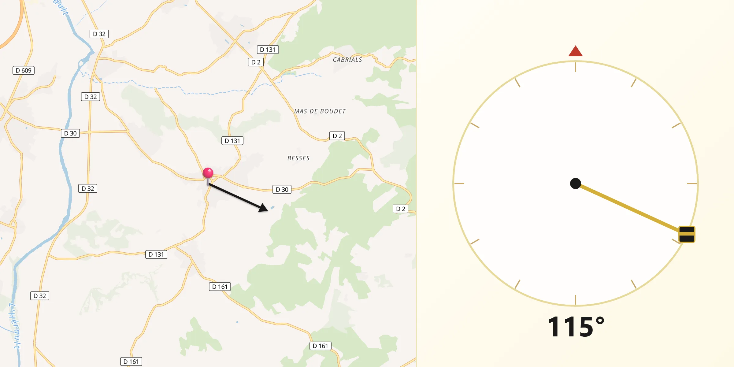 Direction vers la Qibla depuis Saint-Pargoire