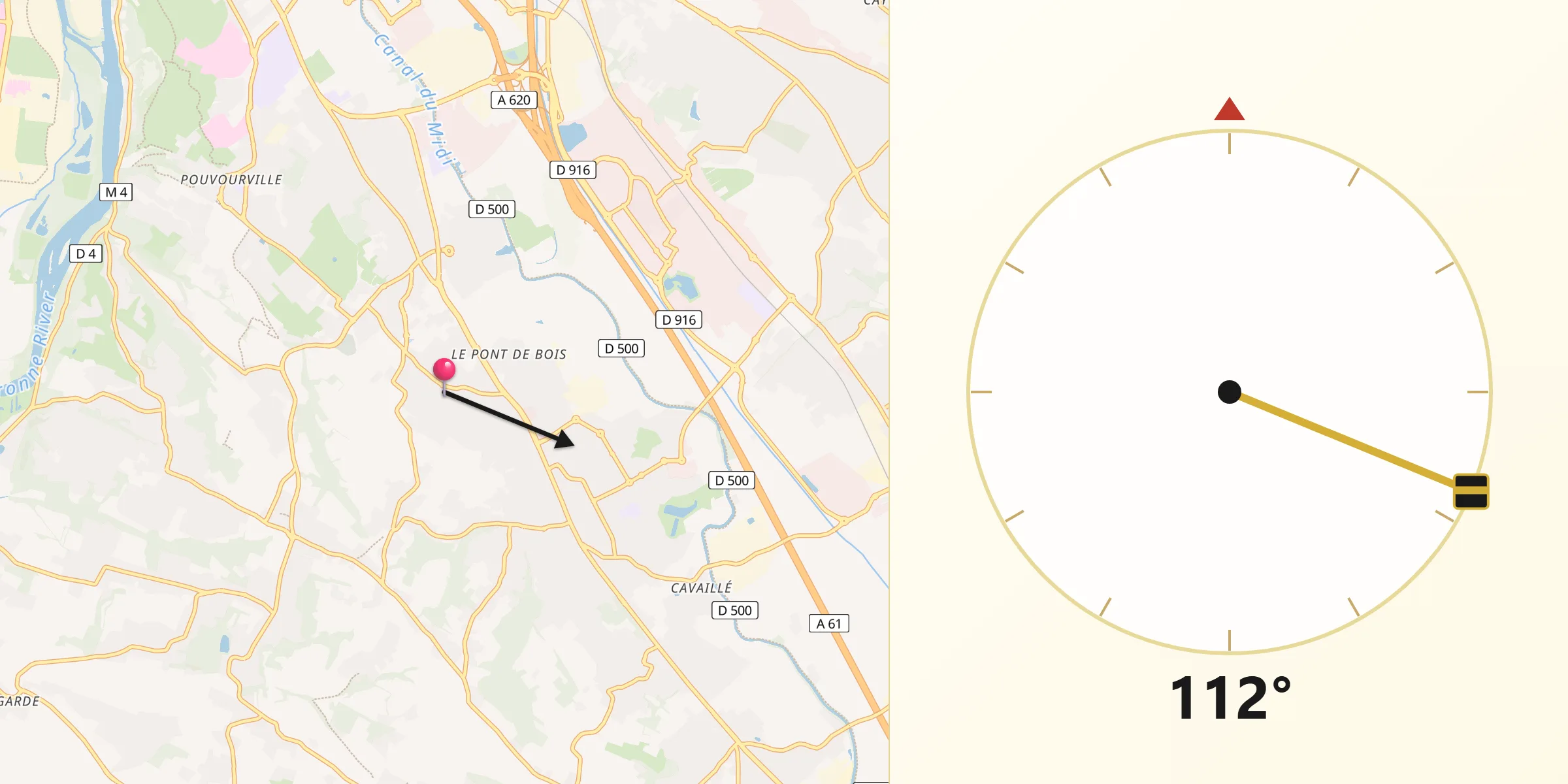 Direction vers la Qibla depuis Auzeville-Tolosane