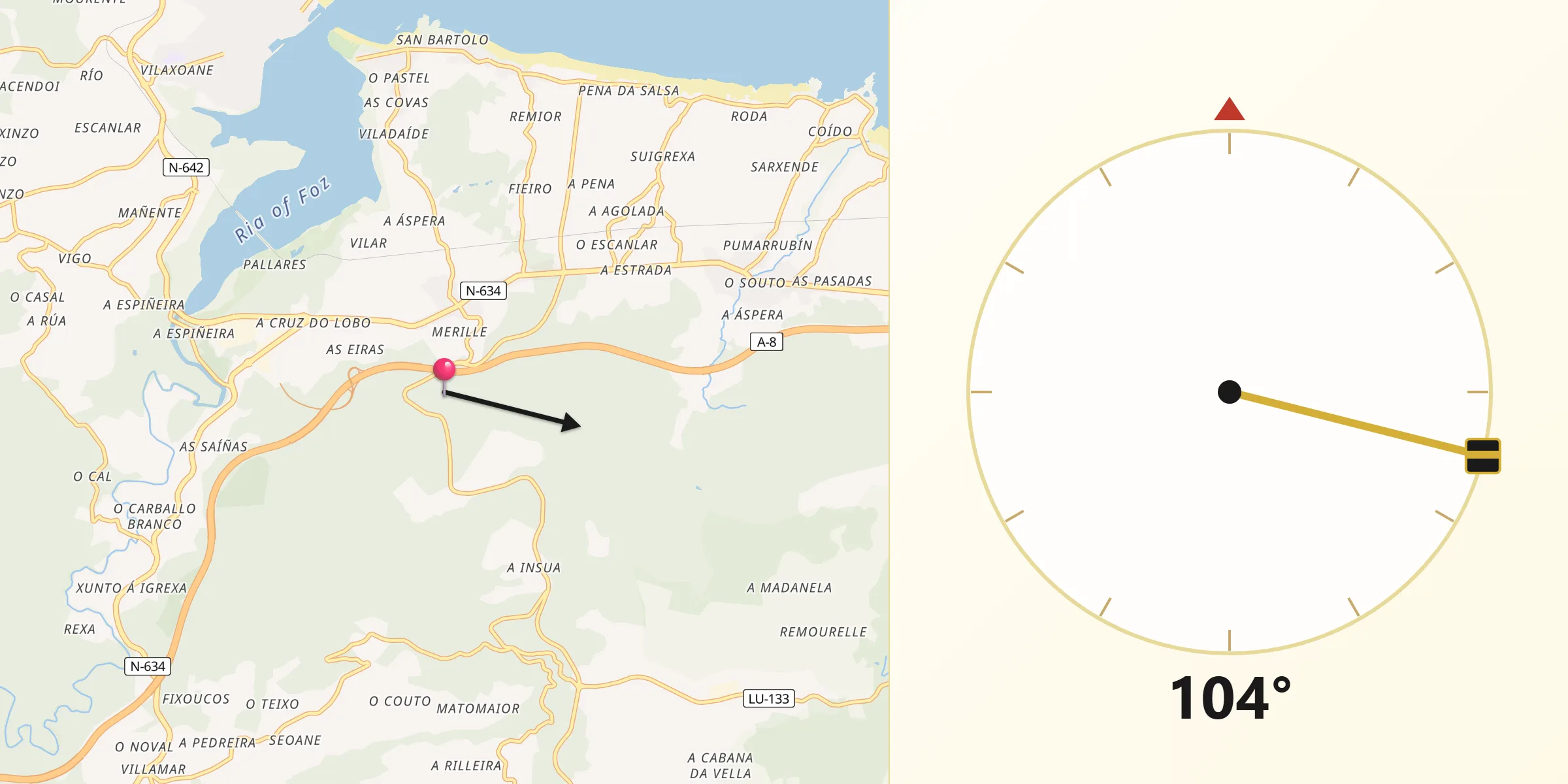 Dirección de la Qibla desde Barreiros
