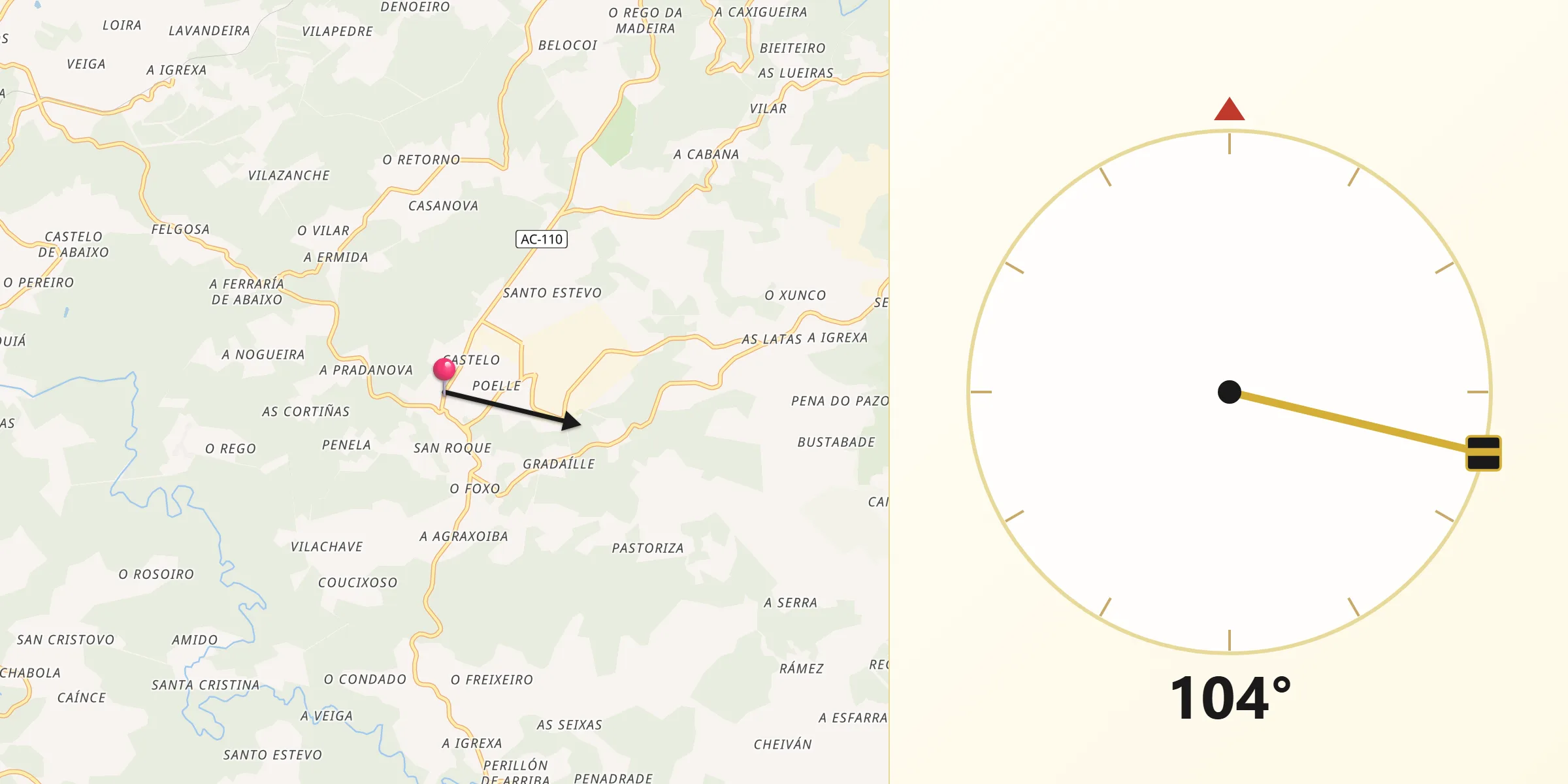 Dirección de la Qibla desde Somozas As