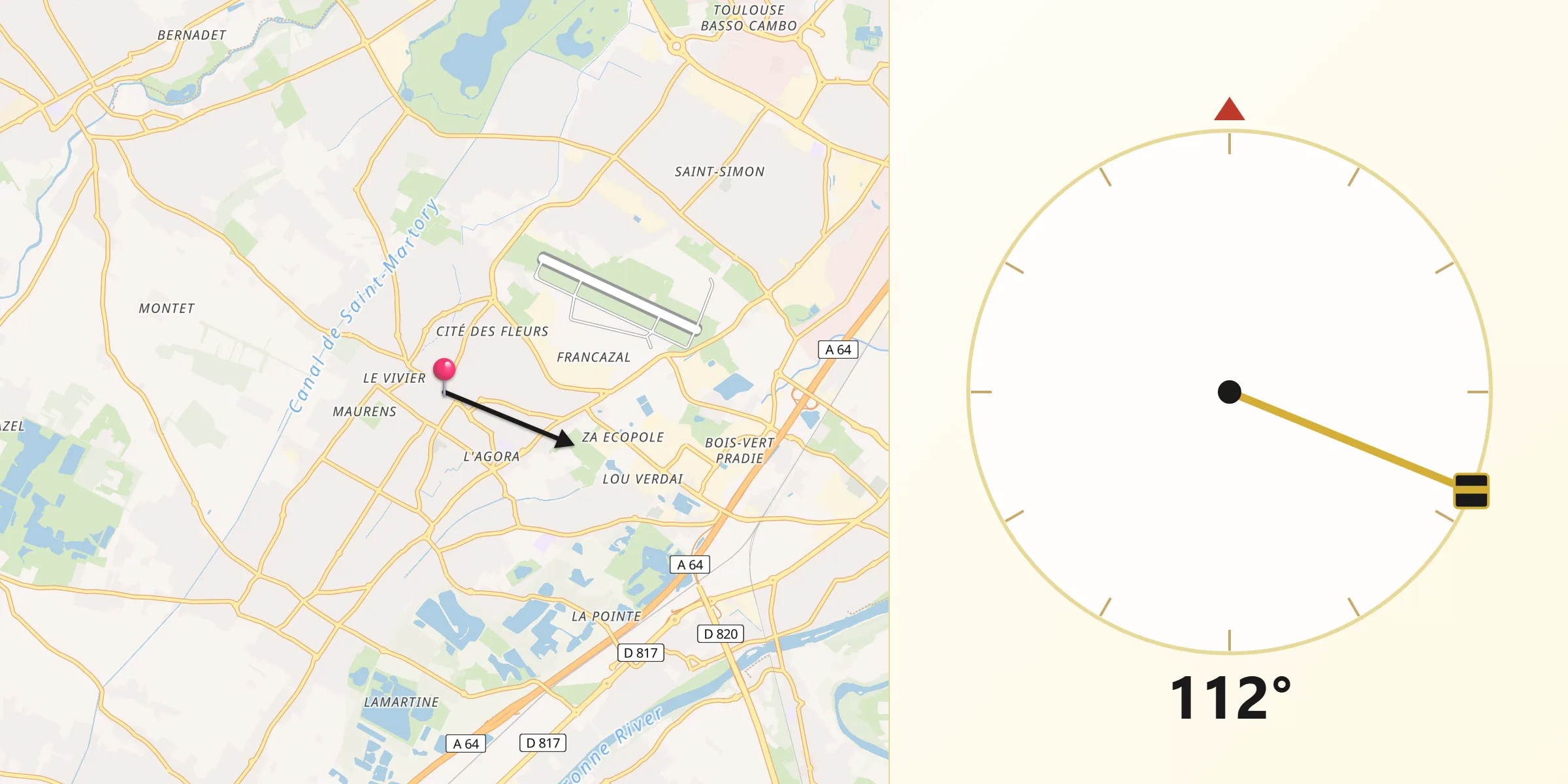 Direction vers la Qibla depuis Cugnaux