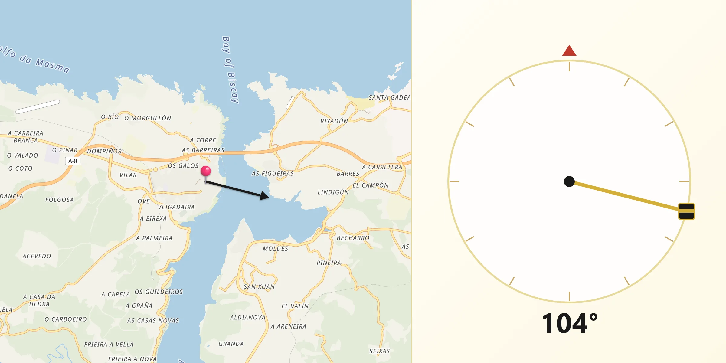 Dirección de la Qibla desde Ribadeo