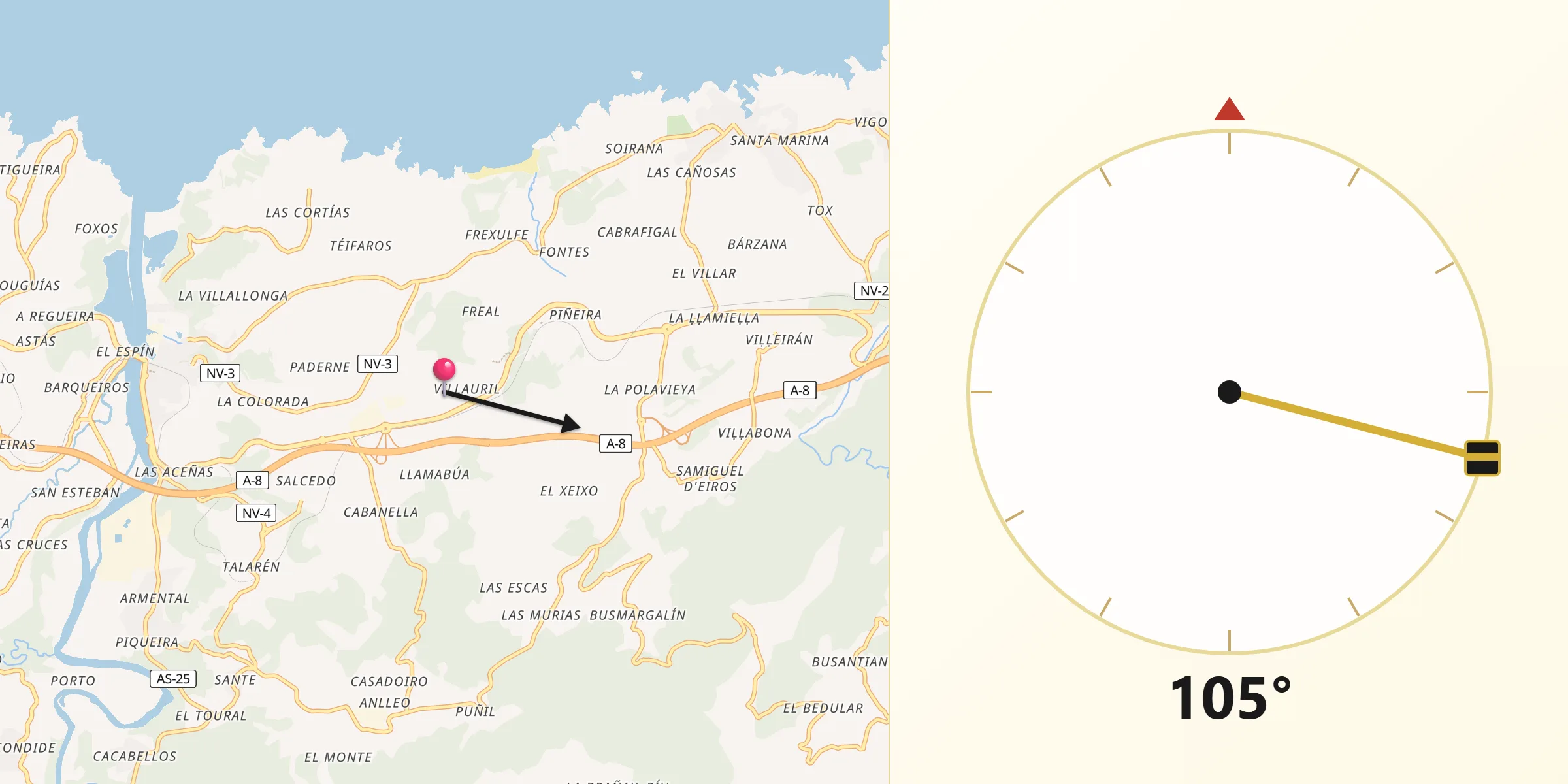 Dirección de la Qibla desde Navia