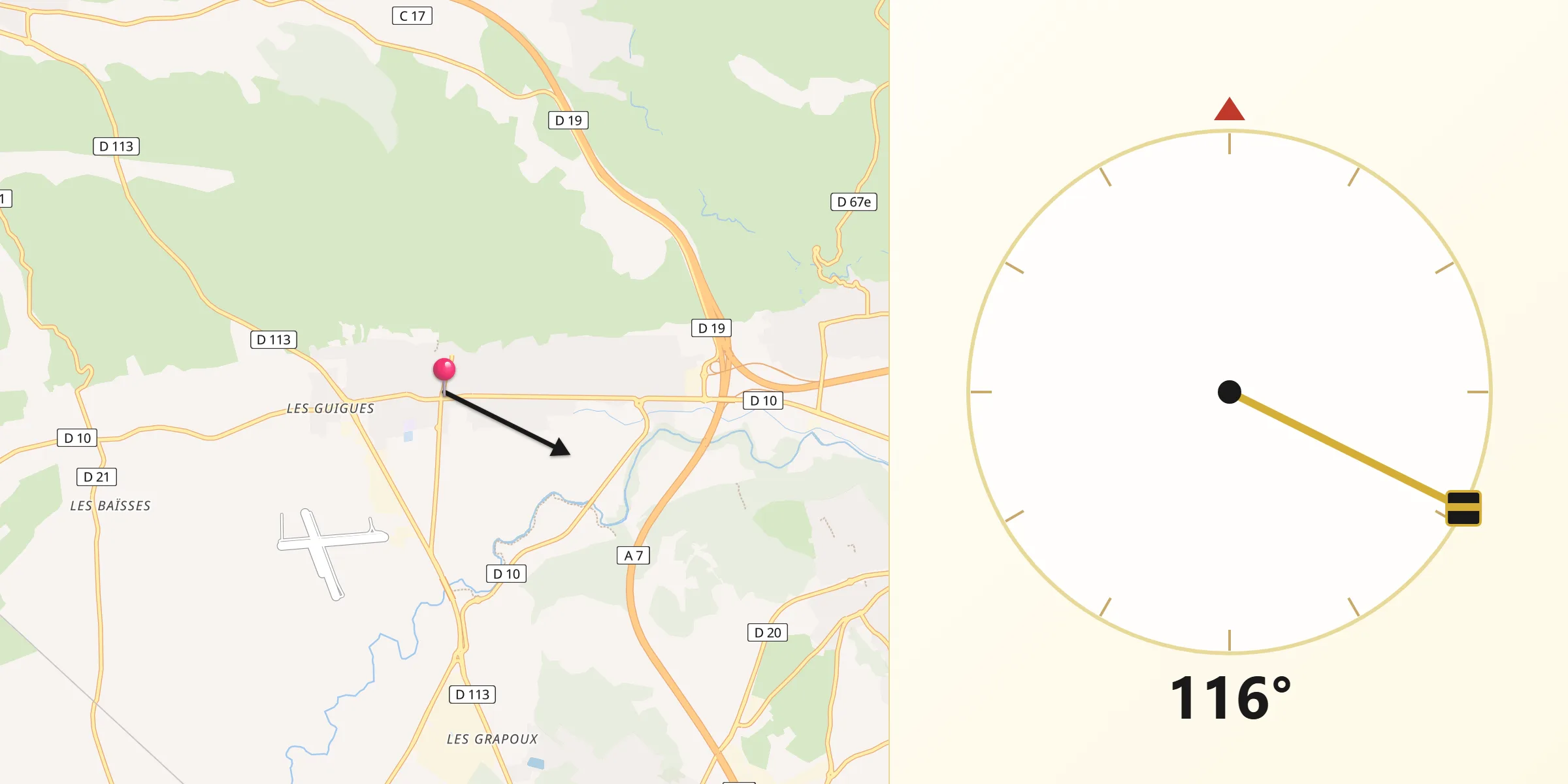 Direction vers la Qibla depuis La Fare-les-Oliviers
