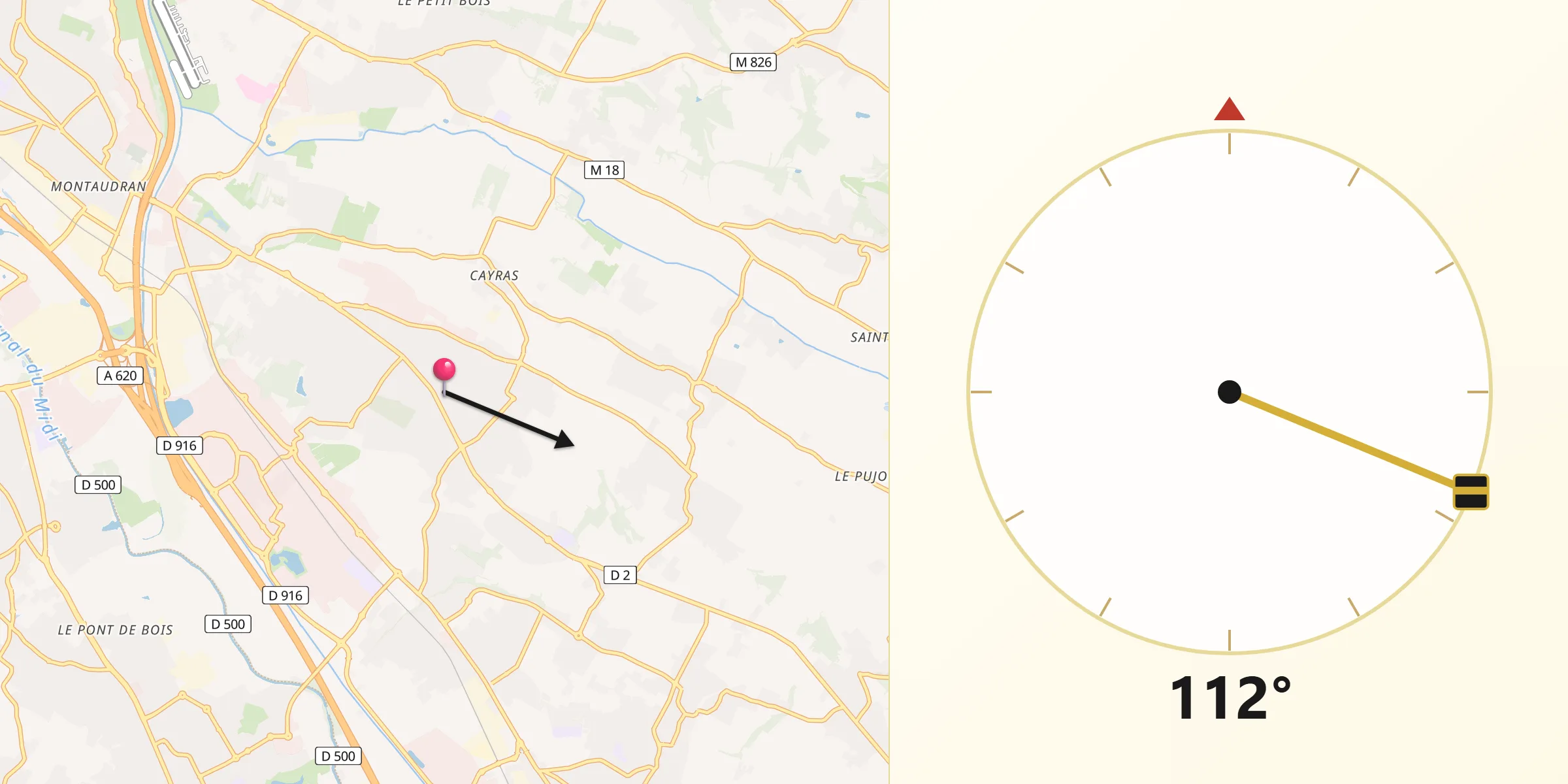 Direction vers la Qibla depuis Saint-Orens-de-Gameville