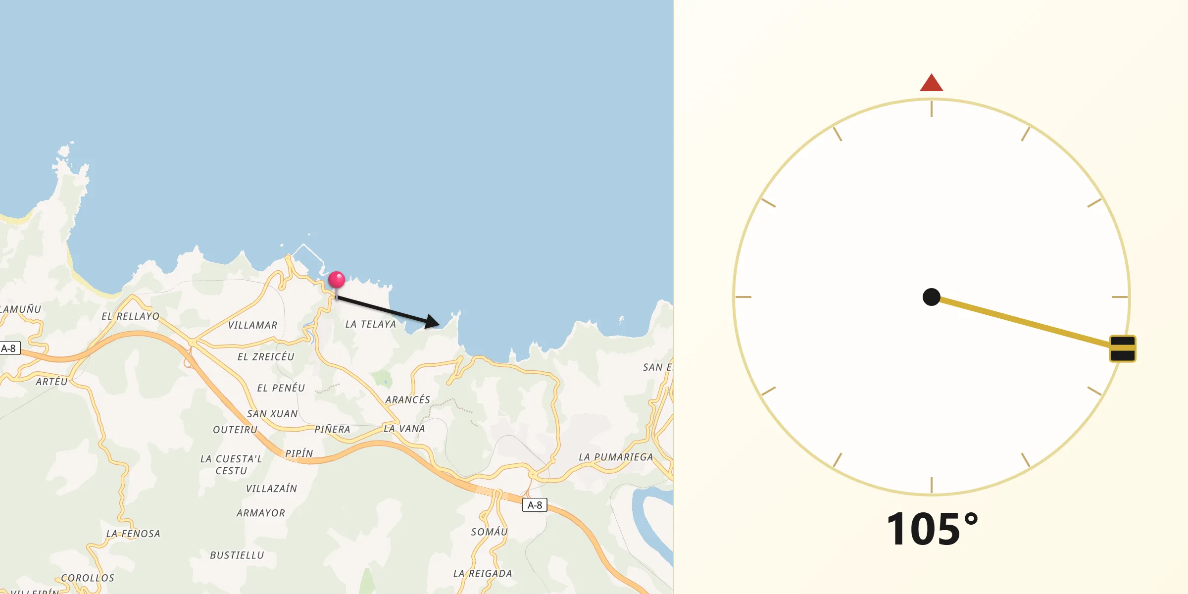 Dirección de la Qibla desde Cudillero