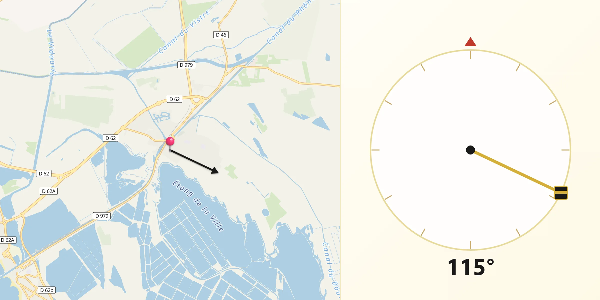 Direction vers la Qibla depuis Aigues-Mortes