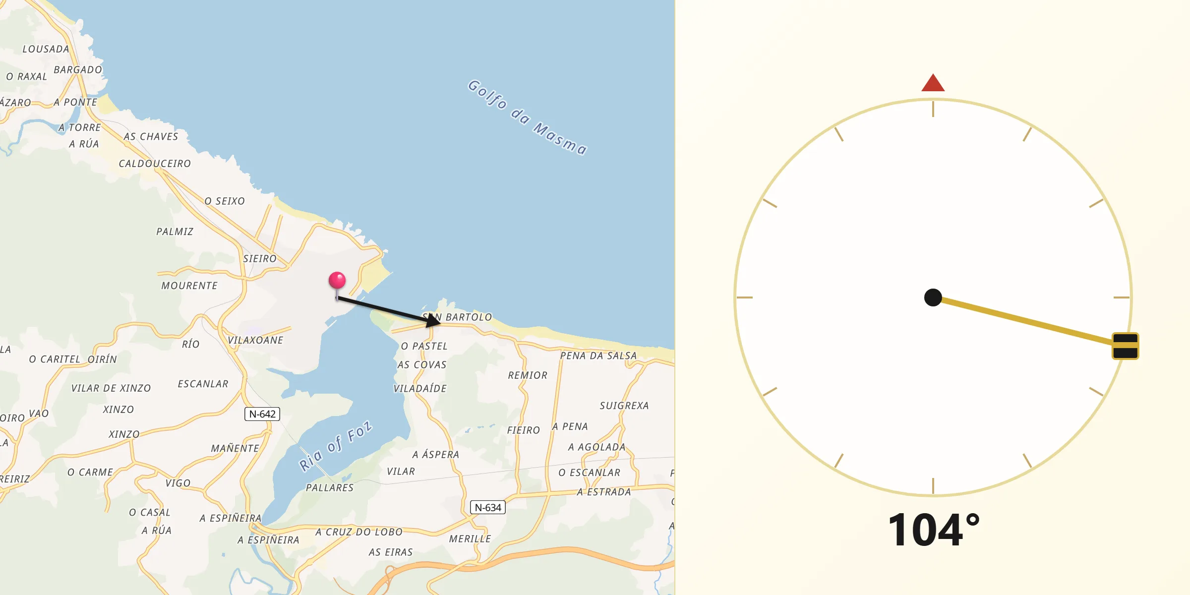 Dirección de la Qibla desde Foz