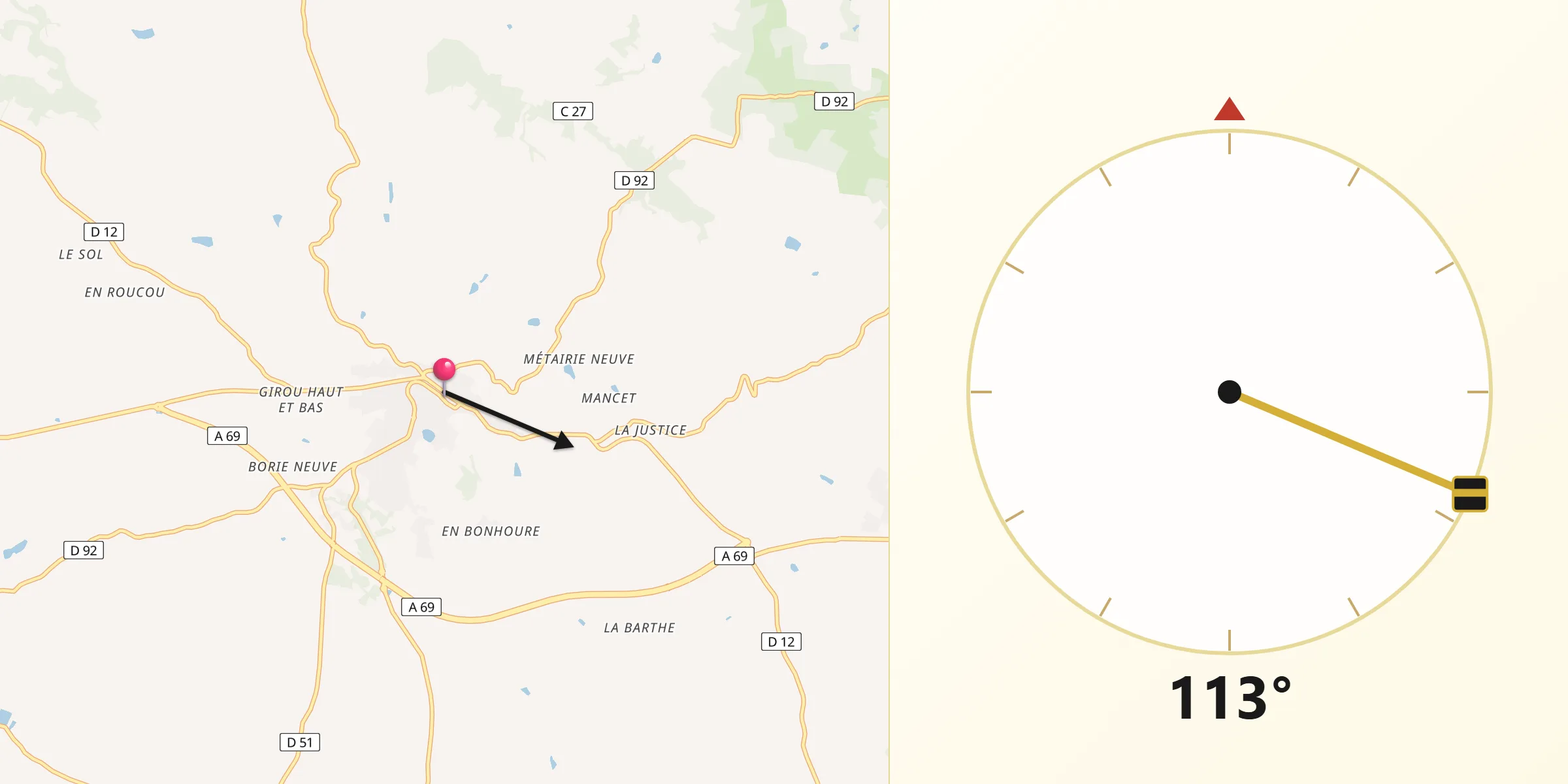 Direction vers la Qibla depuis Puylaurens