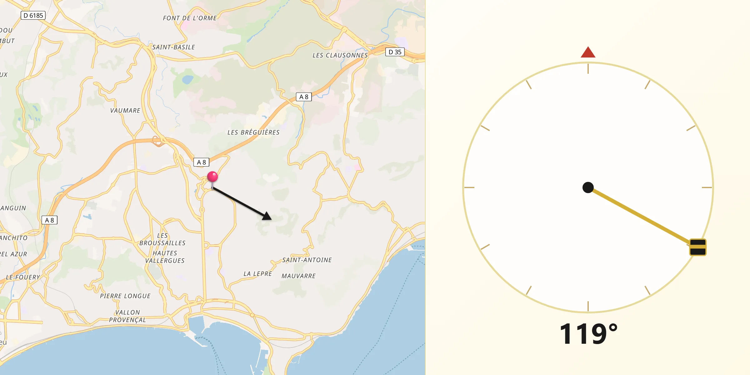 Direction vers la Qibla depuis Le Cannet