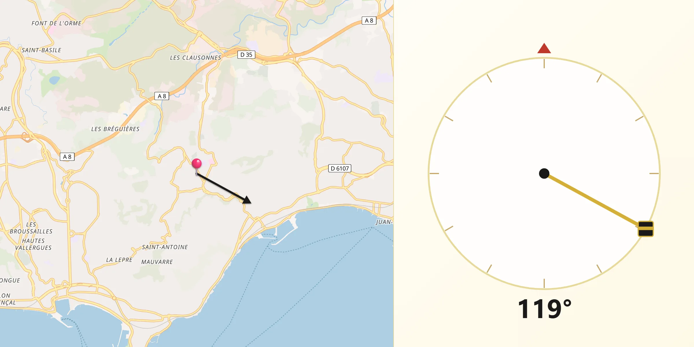 Direction vers la Qibla depuis Vallauris