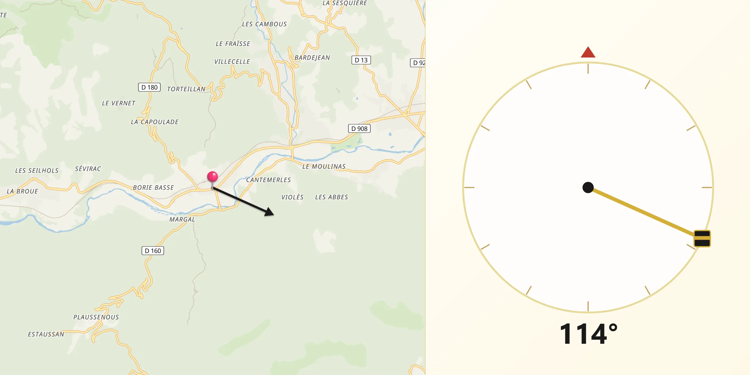 Direction vers la Qibla depuis Le Poujol-sur-Orb