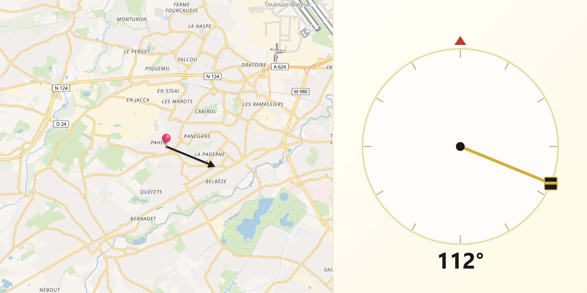 Direction vers la Qibla depuis Tournefeuille