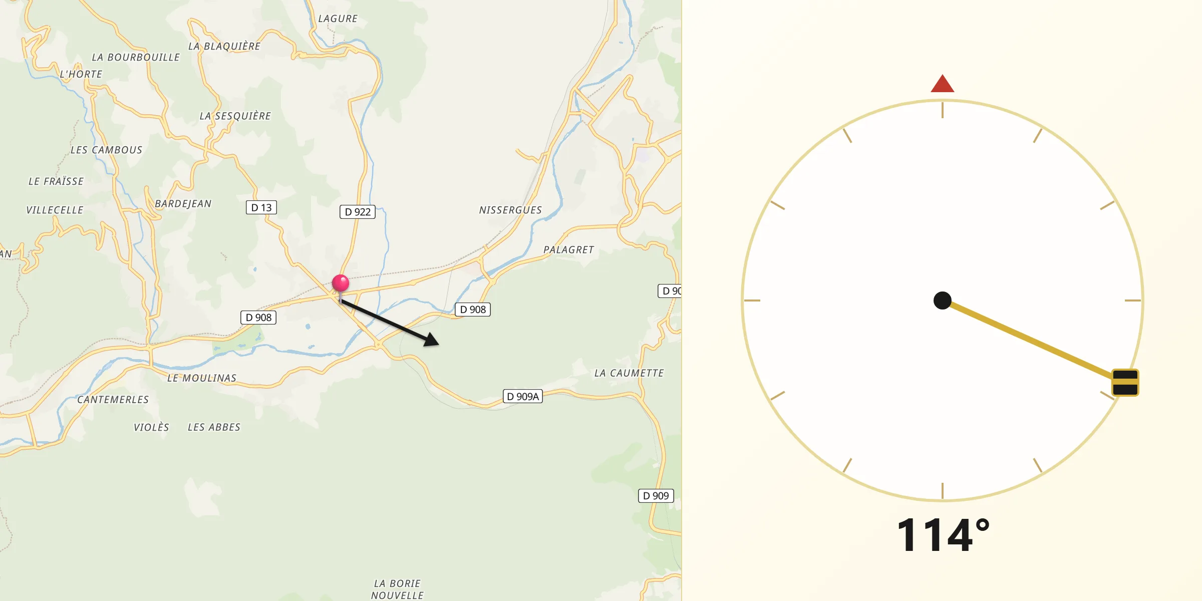 Direction vers la Qibla depuis Hérépian
