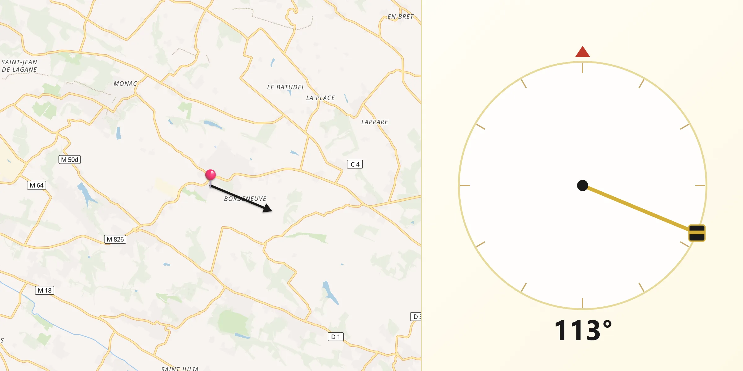Direction vers la Qibla depuis Drémil-Lafage