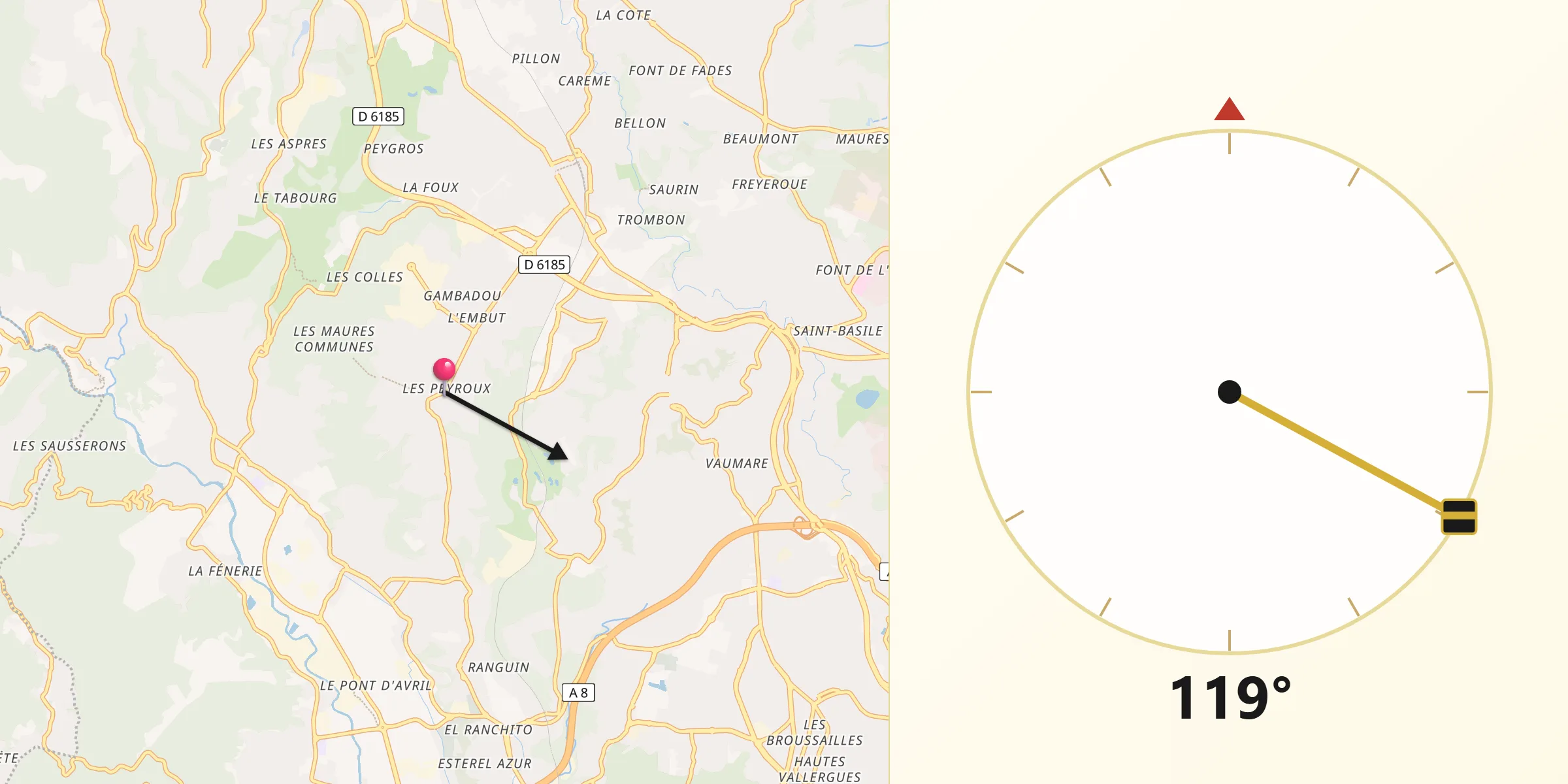 Direction vers la Qibla depuis La Roquette-sur-Siagne