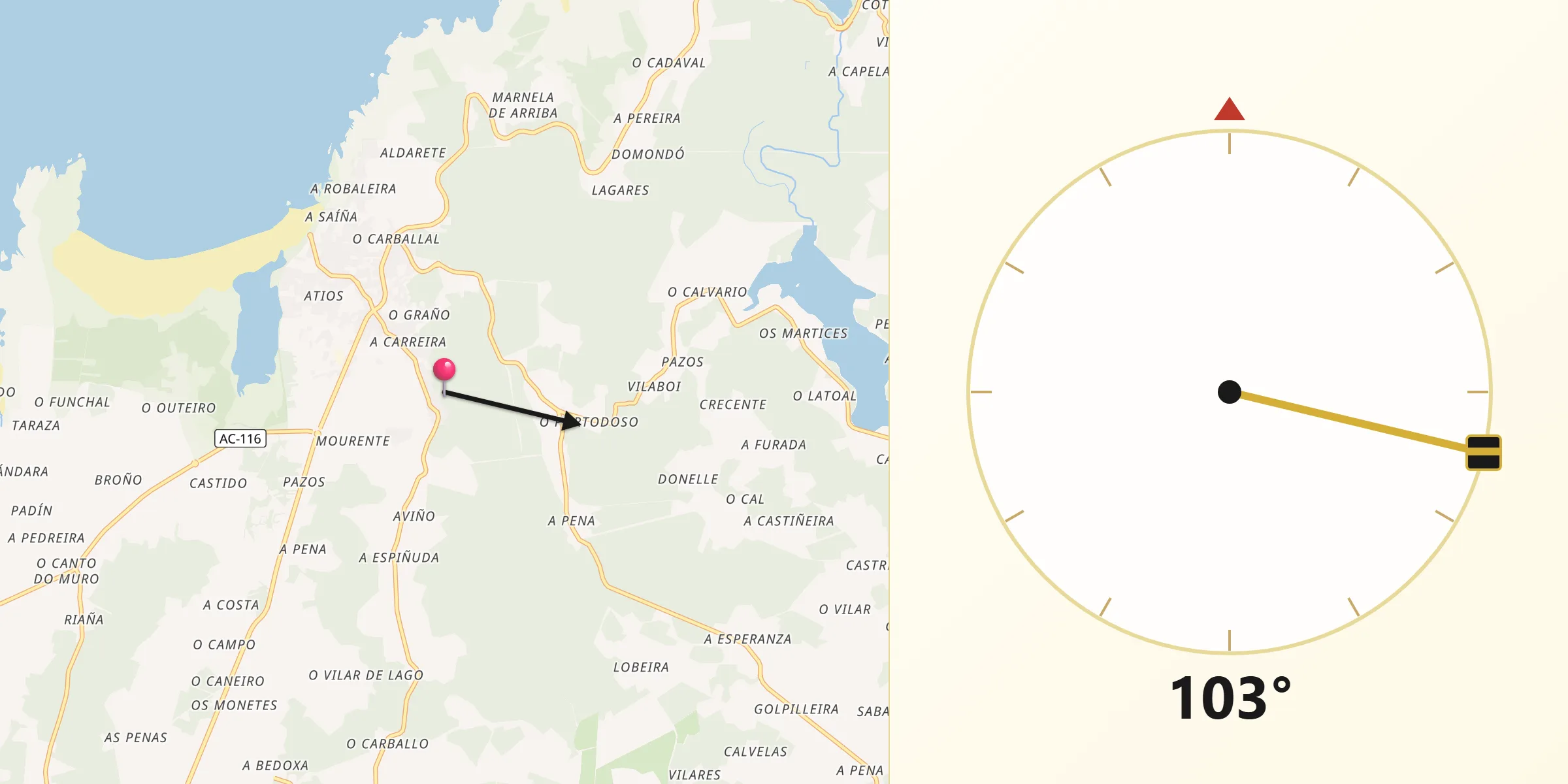 Dirección de la Qibla desde Valdoviño