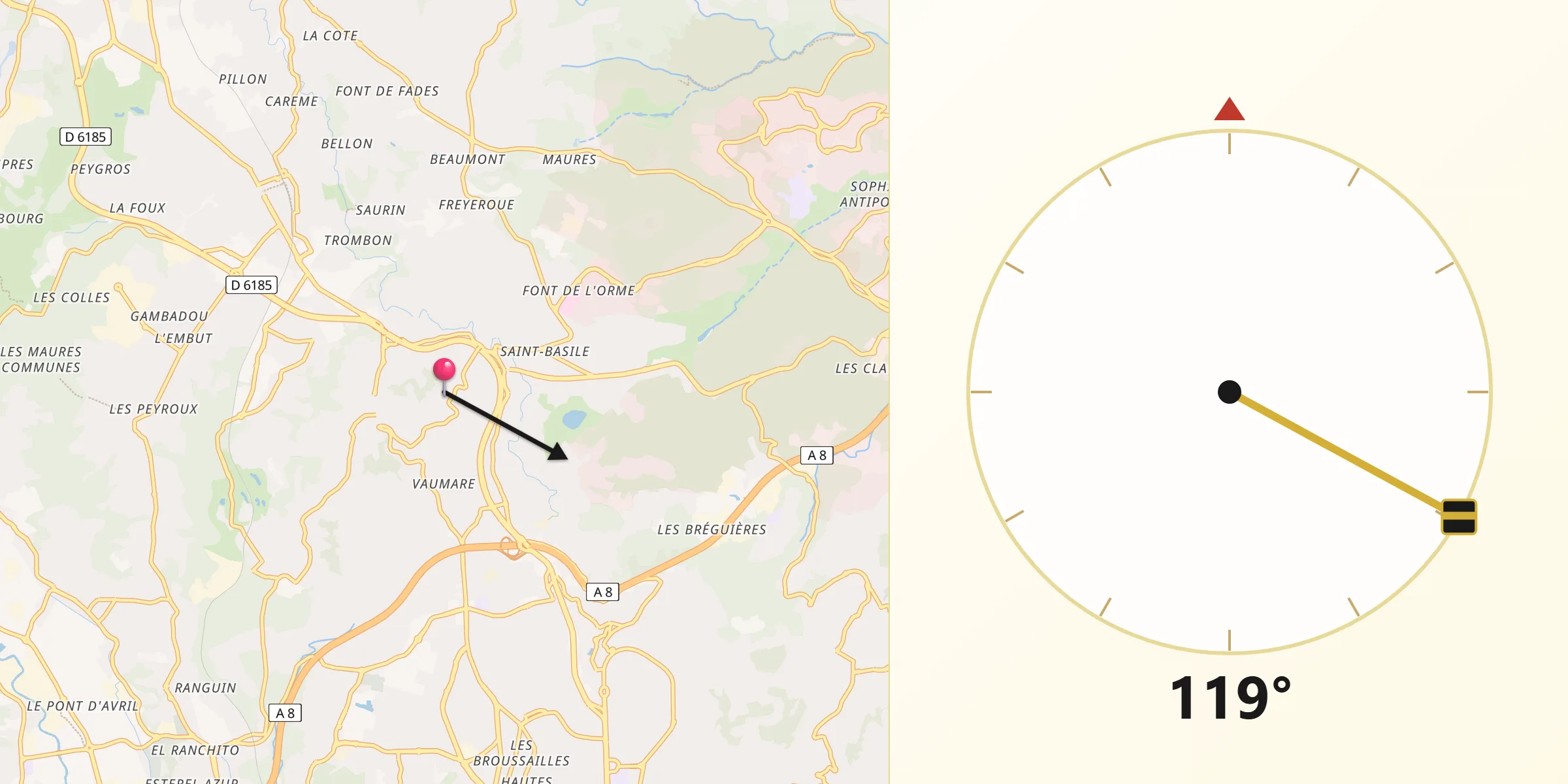 Direction vers la Qibla depuis Mougins
