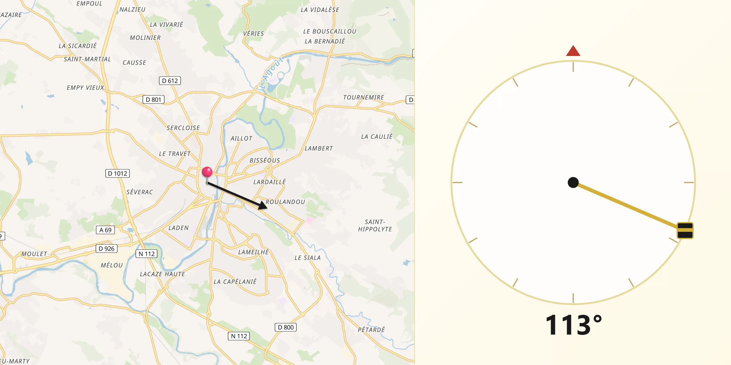 Direction vers la Qibla depuis Castres-sur-l'Agout