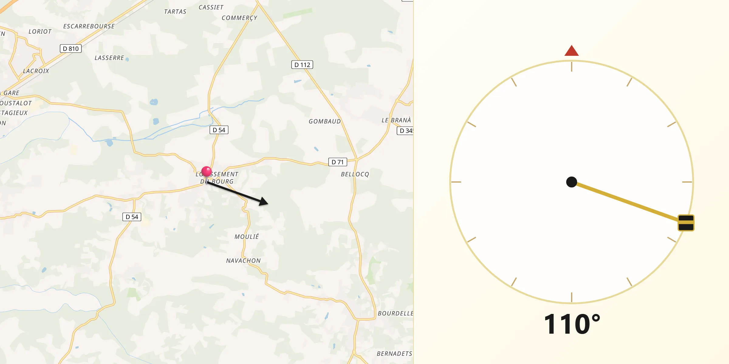 Direction vers la Qibla depuis Saubrigues