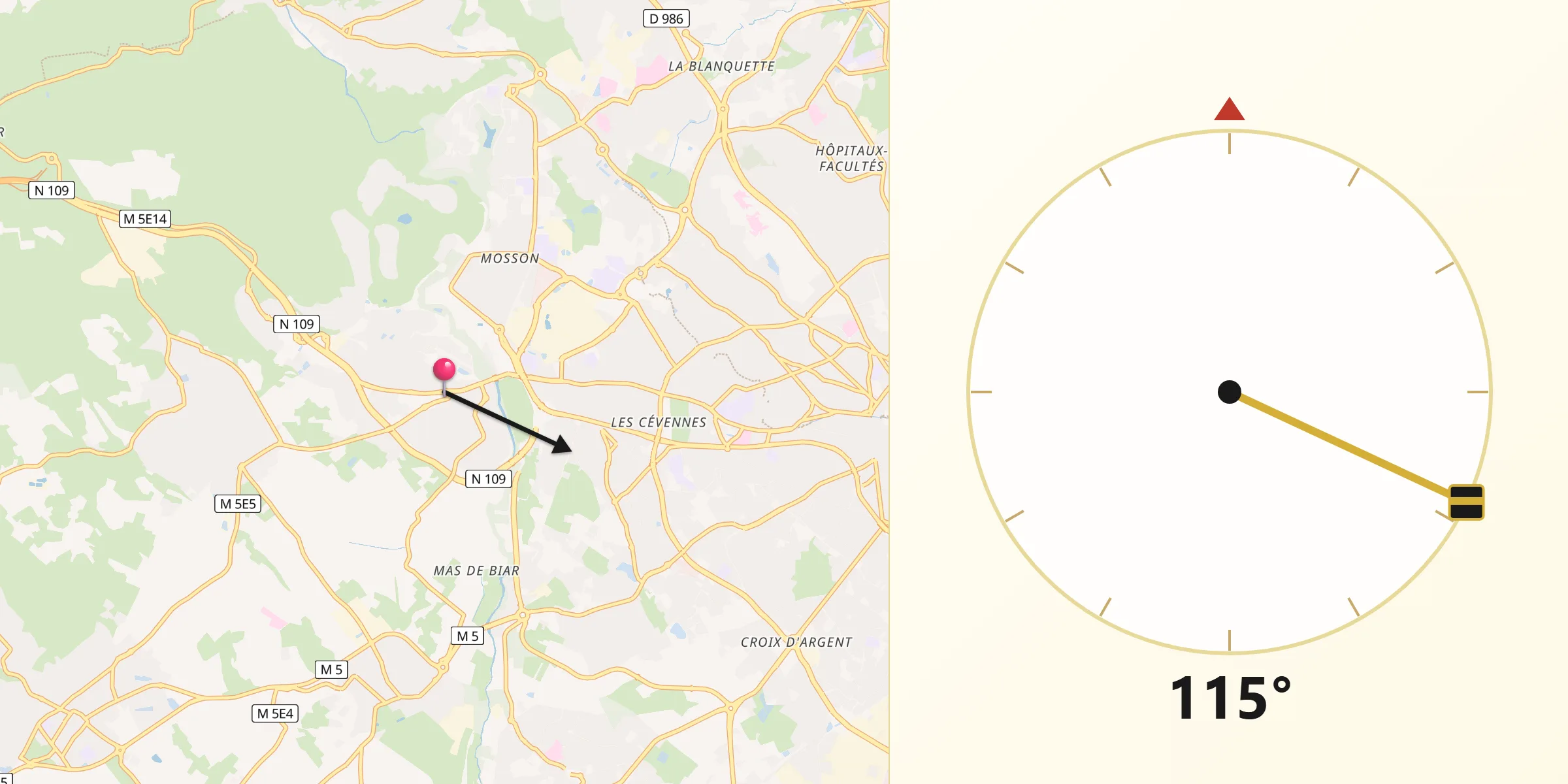 Direction vers la Qibla depuis Juvignac