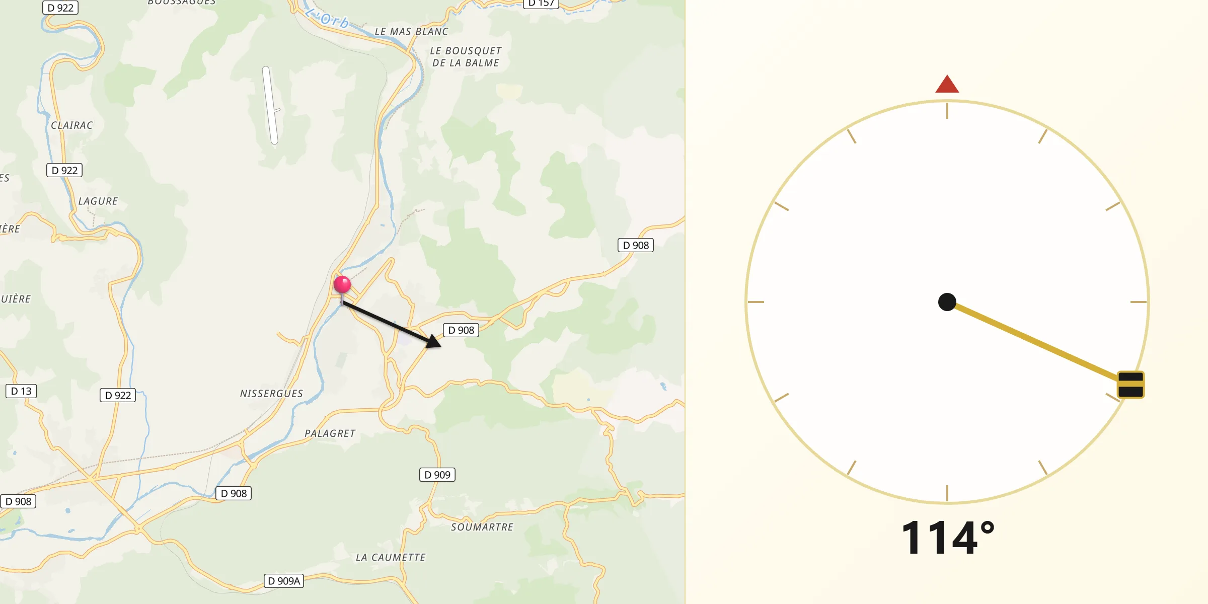 Direction vers la Qibla depuis Bédarieux