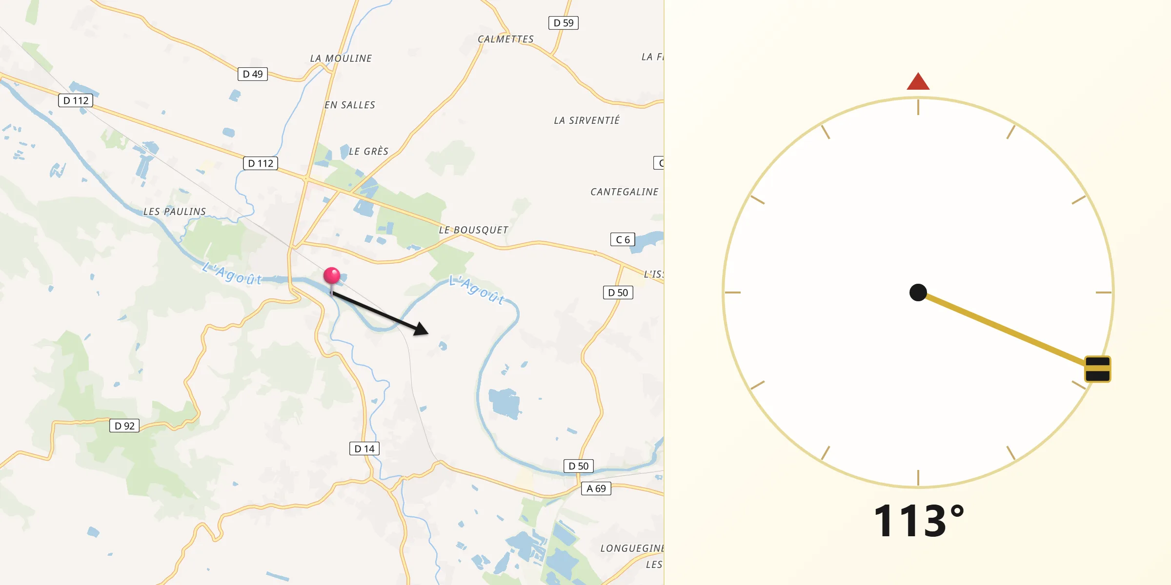 Direction vers la Qibla depuis Vielmur-sur-Agout