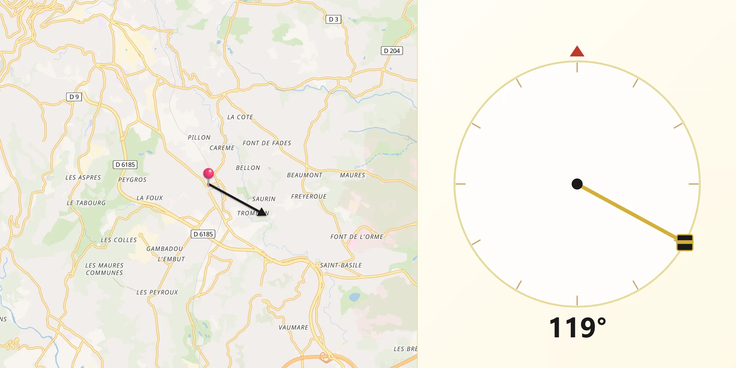 Direction vers la Qibla depuis Mouans-Sartoux