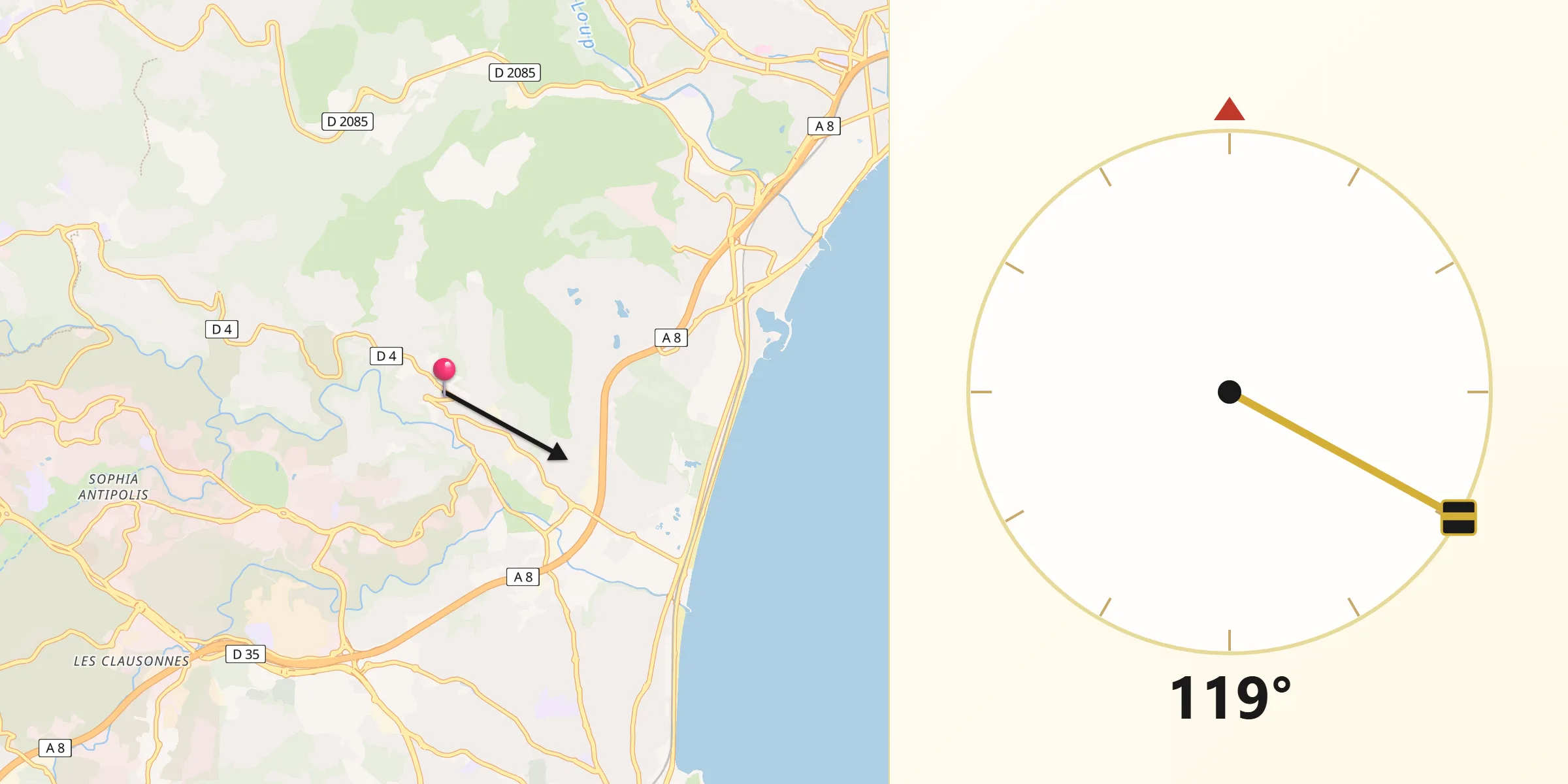 Direction vers la Qibla depuis Biot