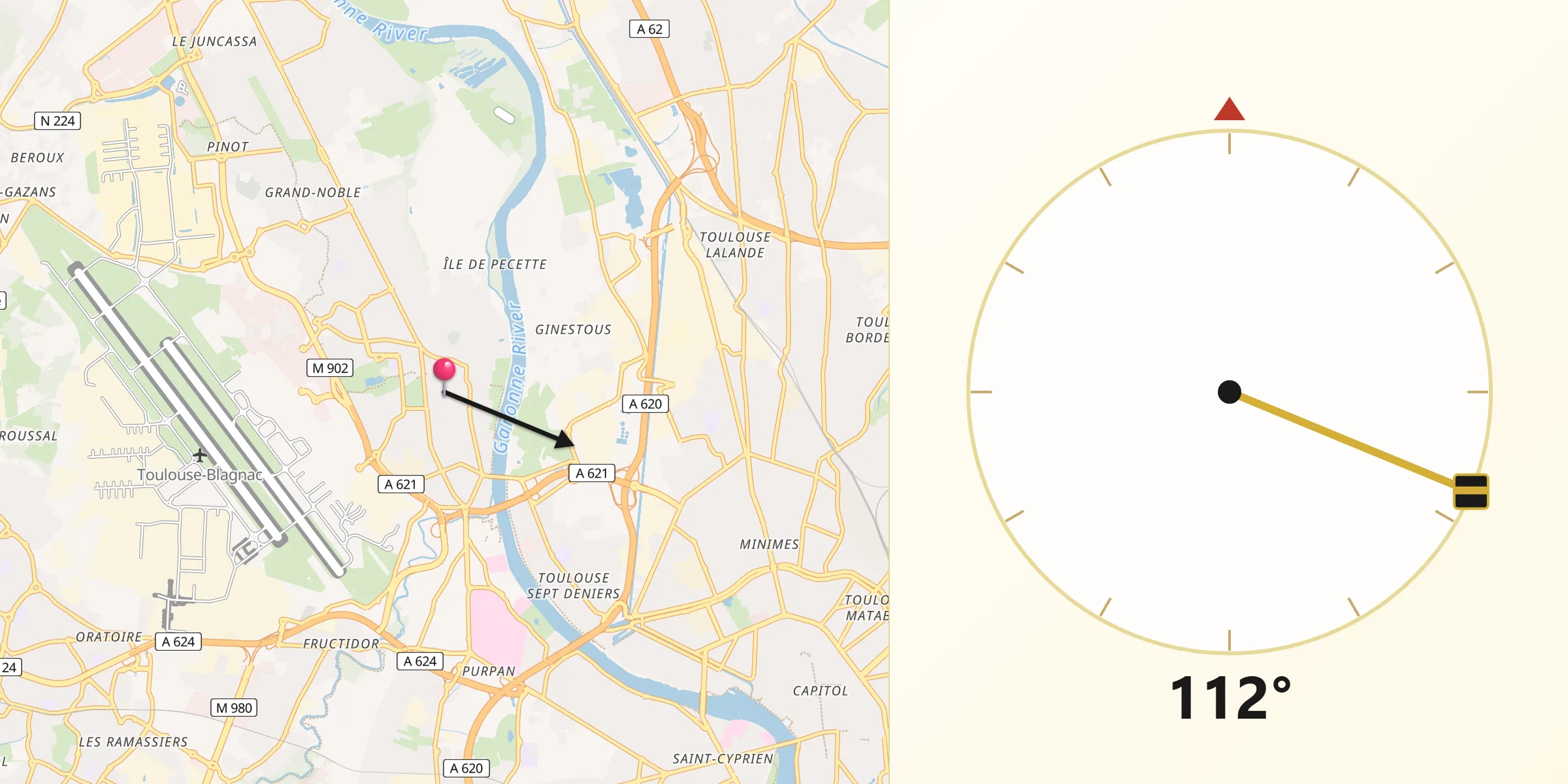 Direction vers la Qibla depuis Blagnac