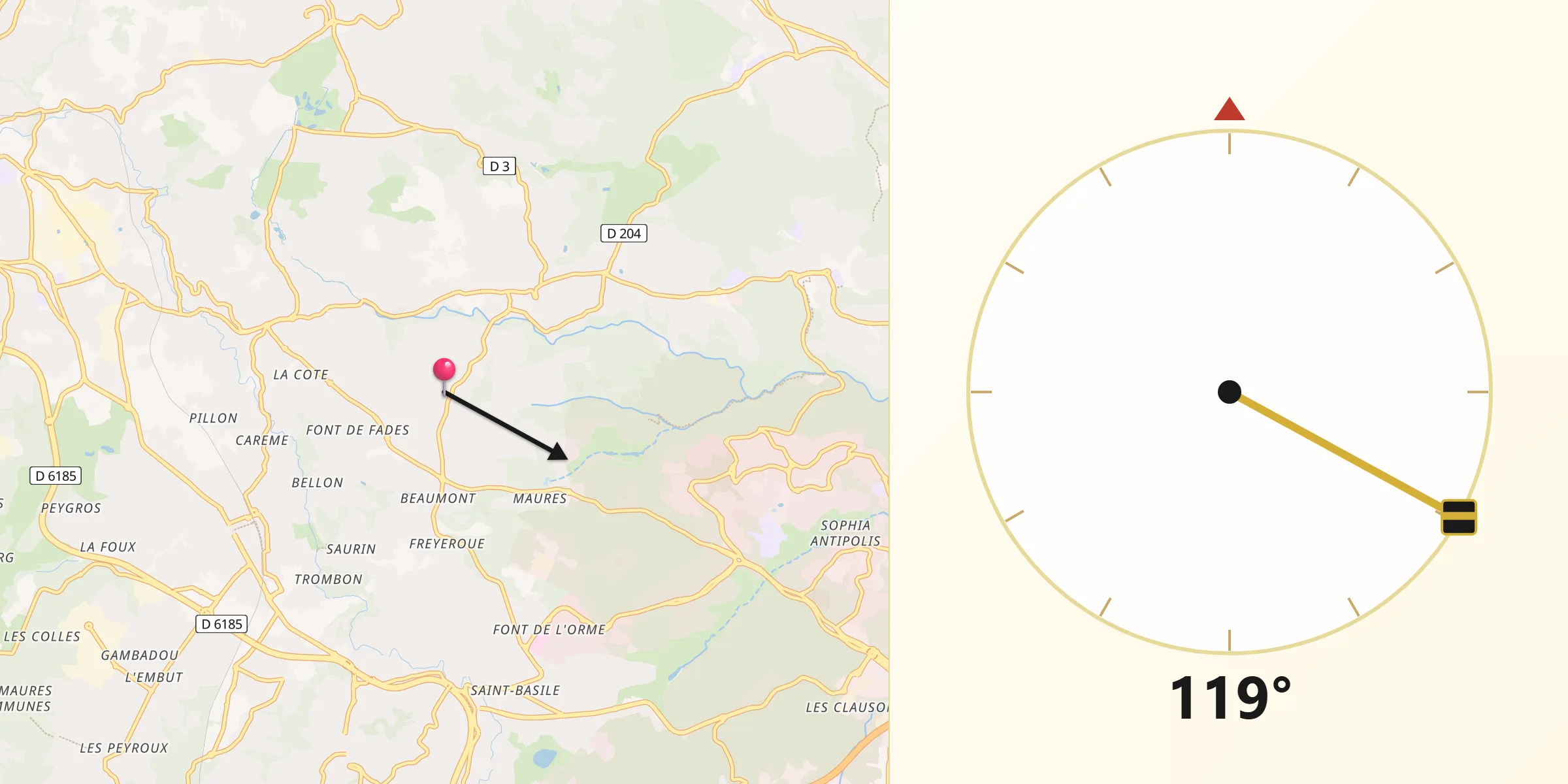 Direction vers la Qibla depuis Valbonne