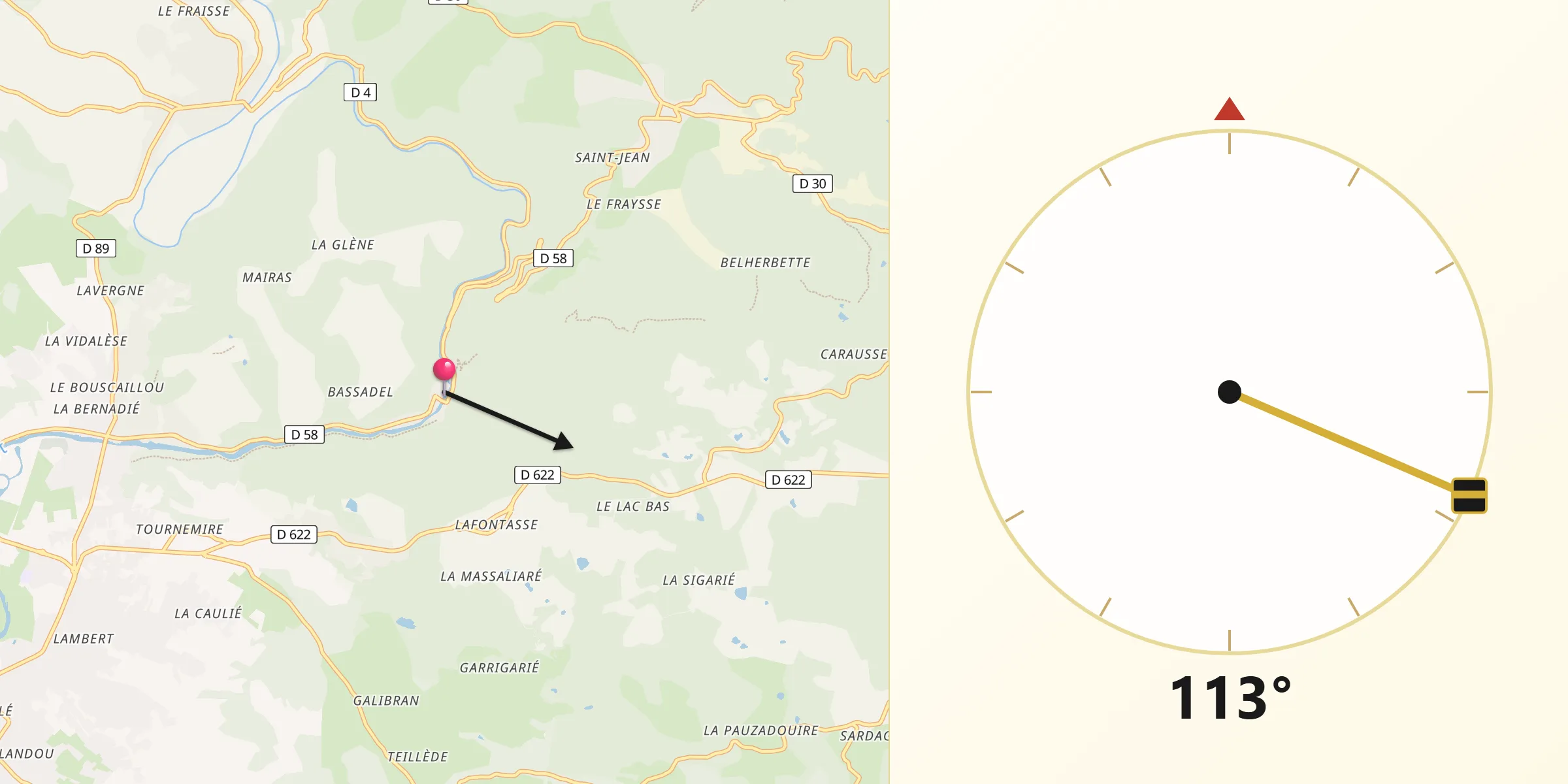 Direction vers la Qibla depuis Burlats