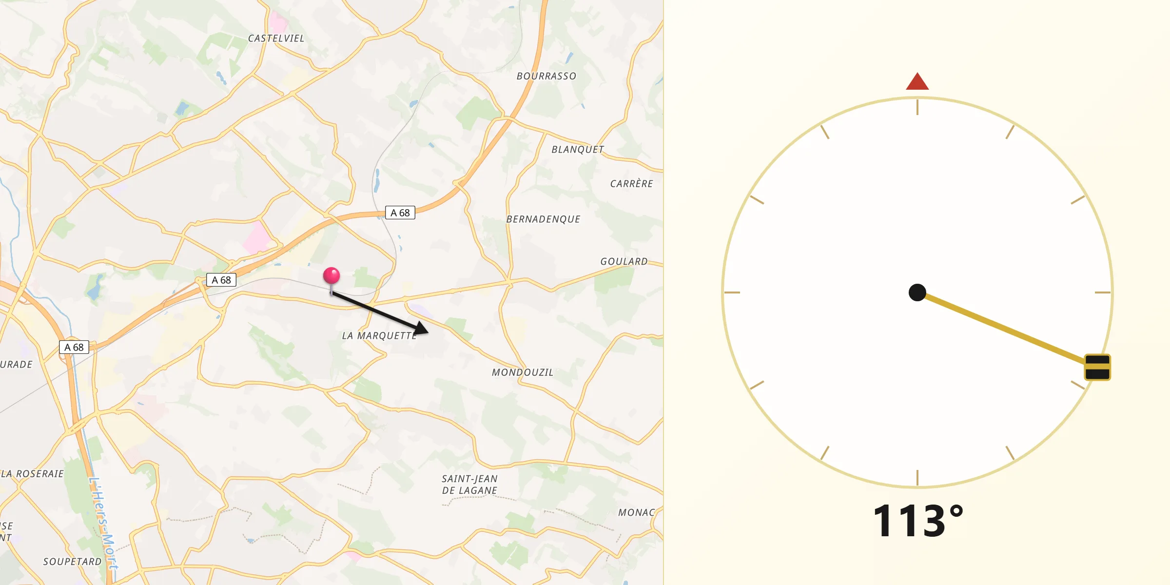 Direction vers la Qibla depuis Montrabé
