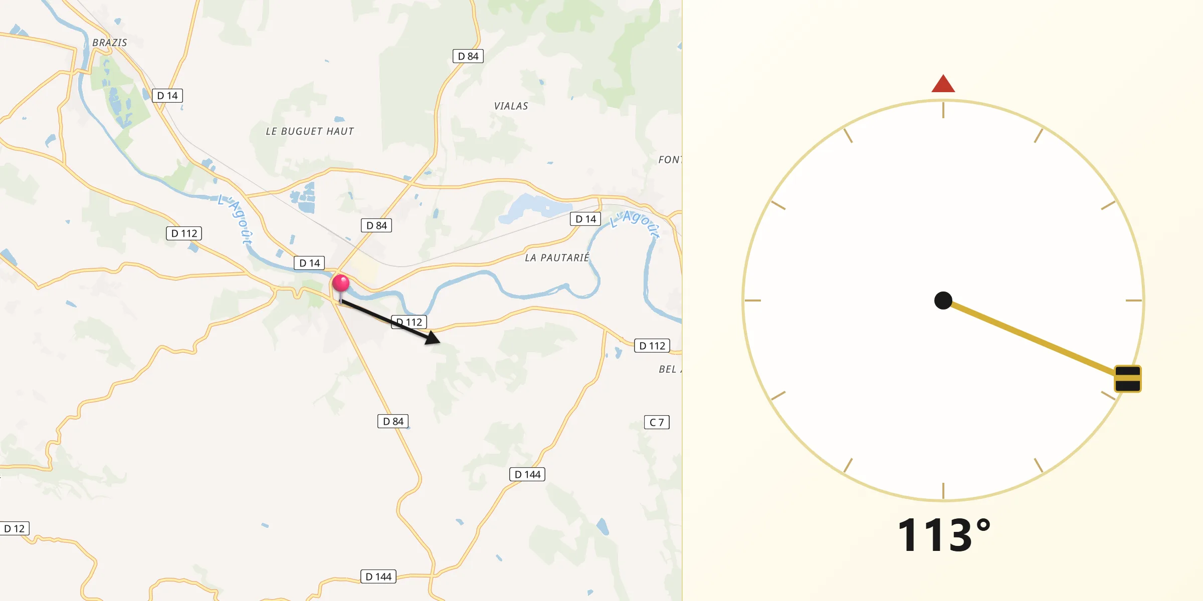 Direction vers la Qibla depuis Saint-Paul-Cap-de-Joux