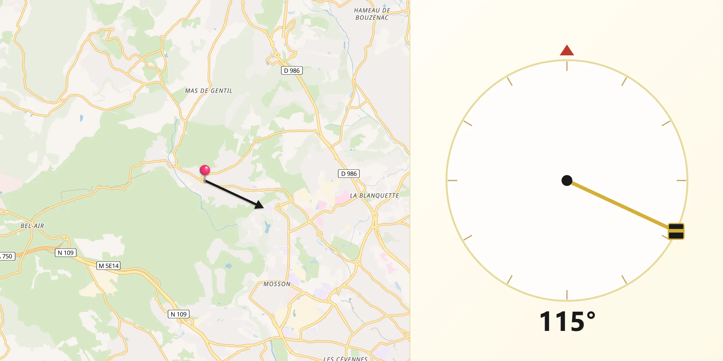Direction vers la Qibla depuis Grabels