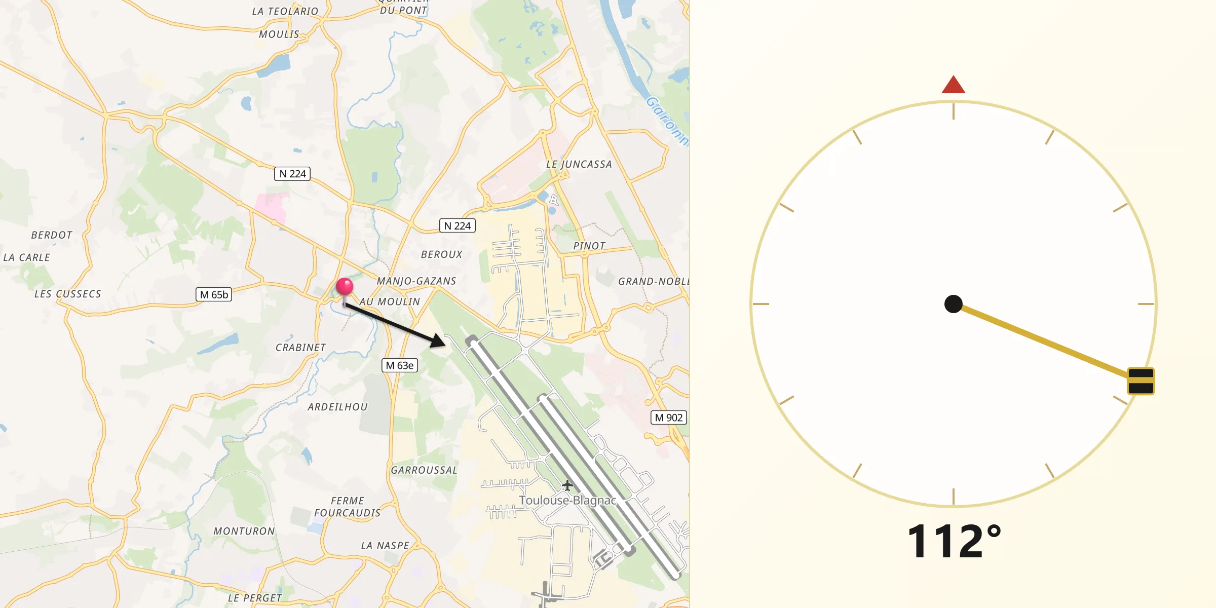 Direction vers la Qibla depuis Cornebarrieu